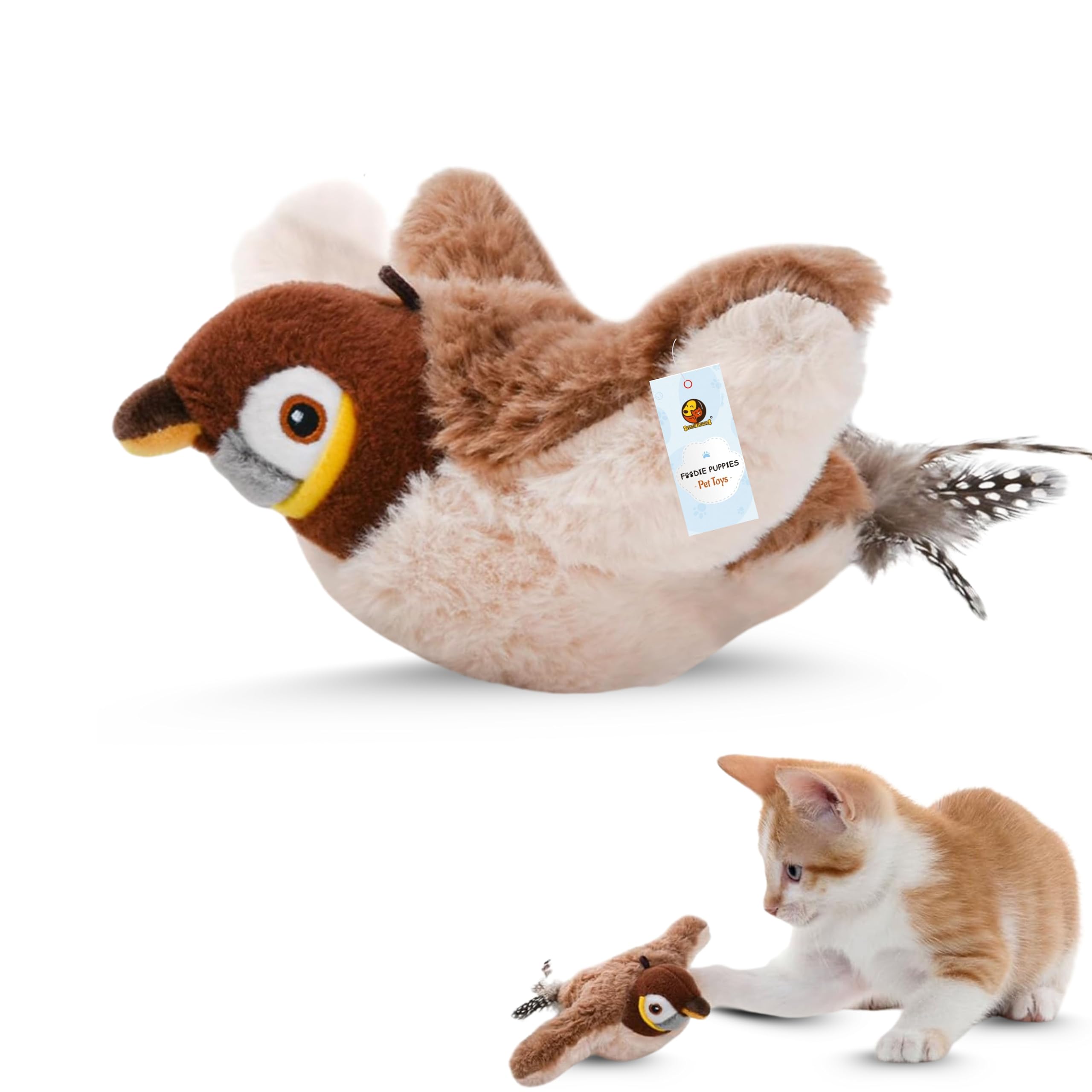 Foodie Puppies Flapping Sparrow Cat Toy With Catnip | Interactive 3 Mode Flapping Bird, Touch Activated, Usb Rechargeable Chirpi