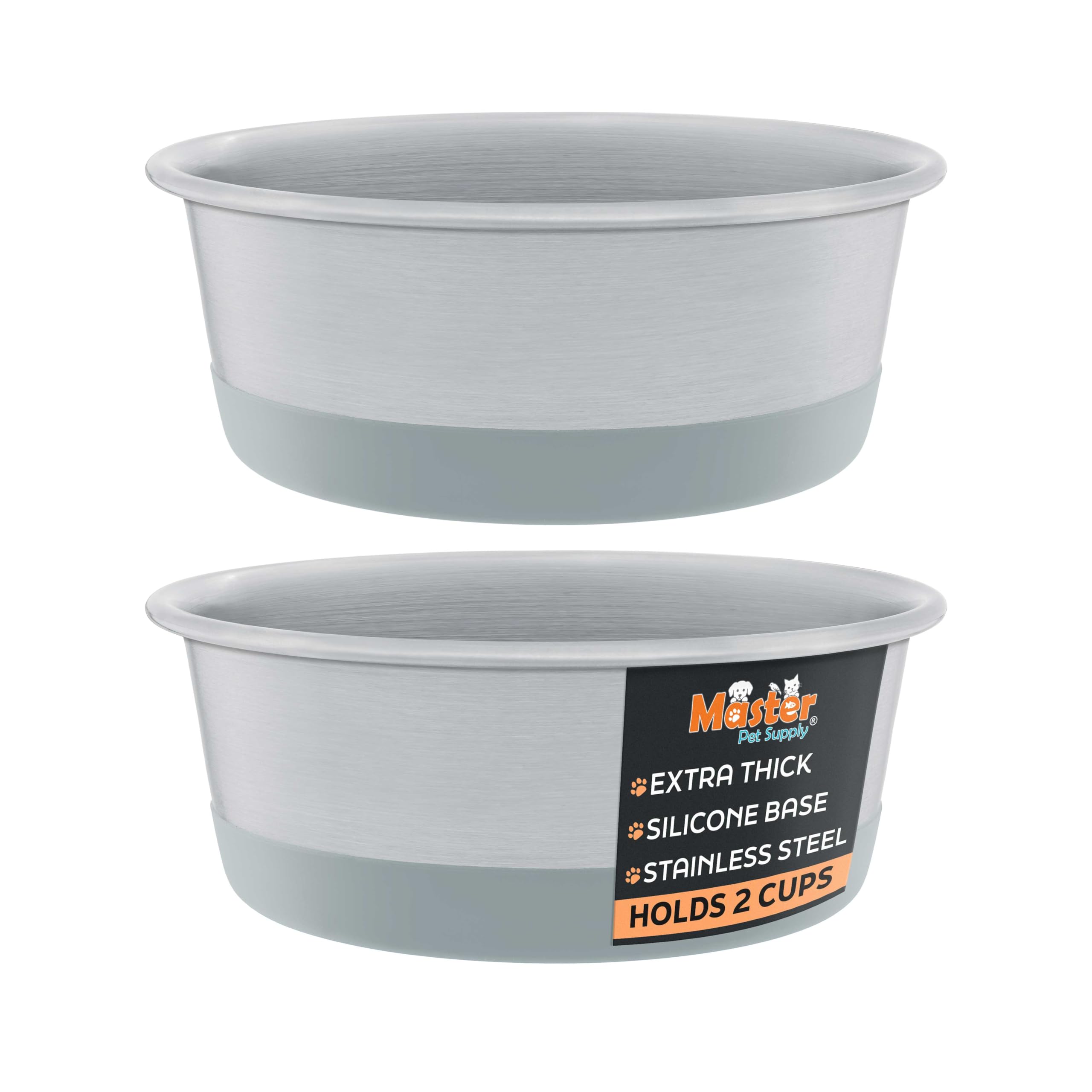 Master Pet Supply Stainless Steel Dog Bowls Set of 2 with Extra Thick Silicone Base - 2 Cup (16 oz) Graphite, Non-Slip, Dishwash