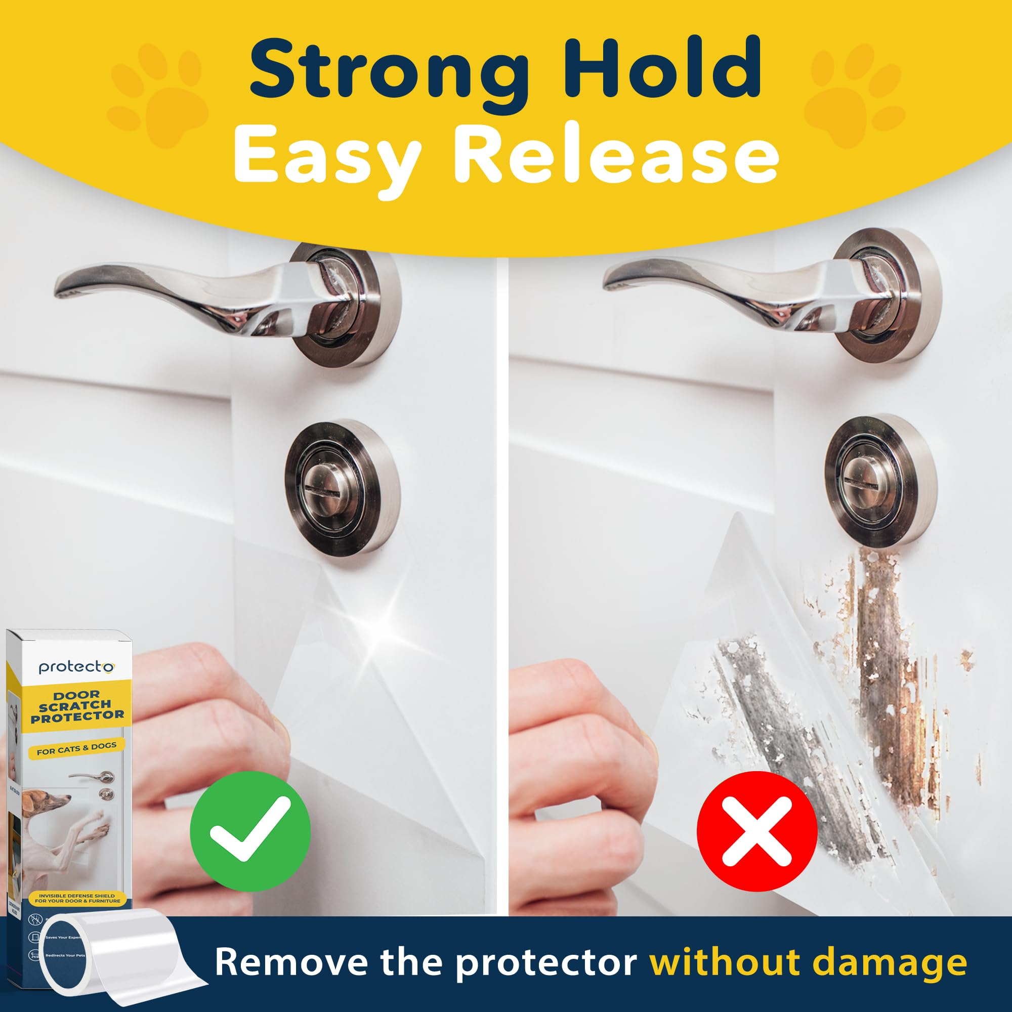 Protecto Cat & Dog Scratch Door Protector With Utility Knife - 60'' X 8'' Clear Wall Protector For Pet Scratching - Sticky And S