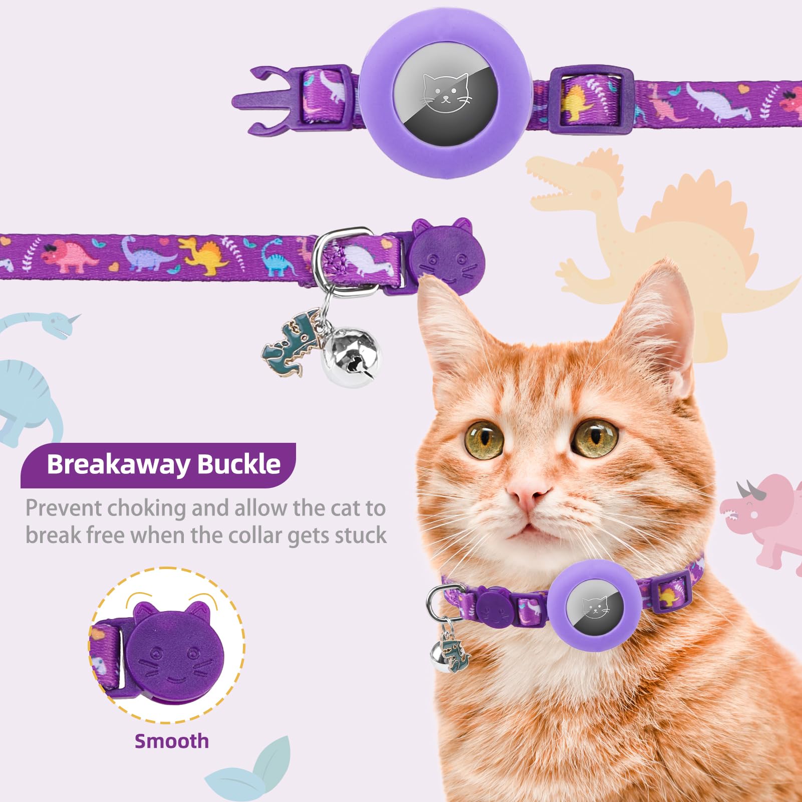 Pupteck Airtag Cat Collar Breakaway 2 Pack With Bells, Reflective Kitten Collar With Air Tag Holder For Boy Girl Kitty And Puppies, Soft, Purple
