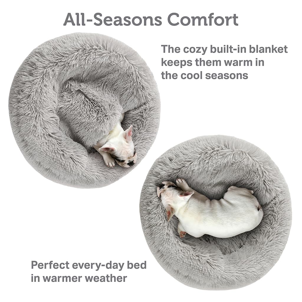 Friends Forever Luna Donut Cat Bed Cave, Soft Faux Fur Hooded Blanket Dog Couch For Indoor Pet, Fluffy Calming Plush Shag, Cozy