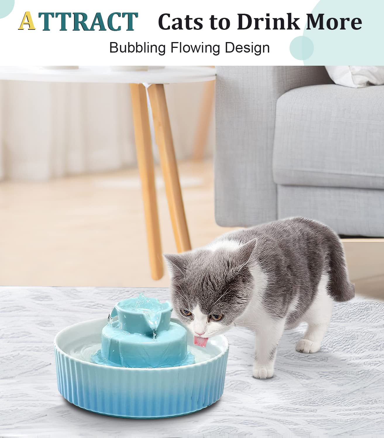 NautyPaws Ceramic Cat Water Fountain, Ceramic Pet Fountain, 2.1 L Drinking Fountains Bowl for Cats and Dogs with Replacement Fil