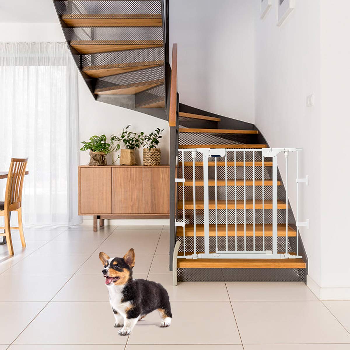Petsite 142 Inch Extra Wide Pet Gate & Playpen, Foldable Dog Fence With Walk-Through Door, Home, Stairs, Fireplace Barrier (Whit