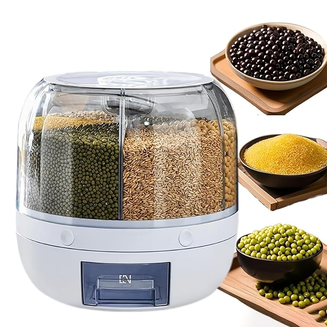Rotating Grain Storage Bin 6 Grids Rice Container One-Click Output Large Capacity Food Dispenser For Rice Grains Or Pet Food Sea