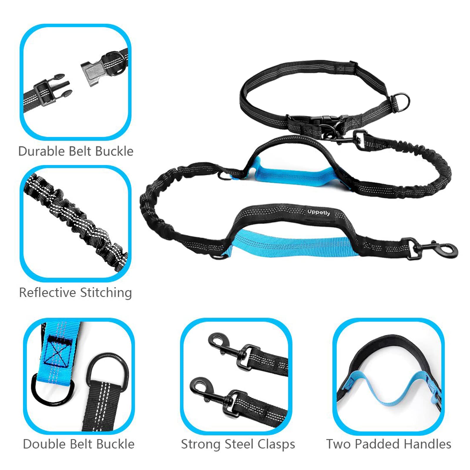 Uppetly Hands Free Dog Running Leash With Adjustable Waist Belt, Dual Handle Elastic Bungees Retractable Rope For Medium And Large Dogs, Reflective Stitches For Walking Hiking Biking