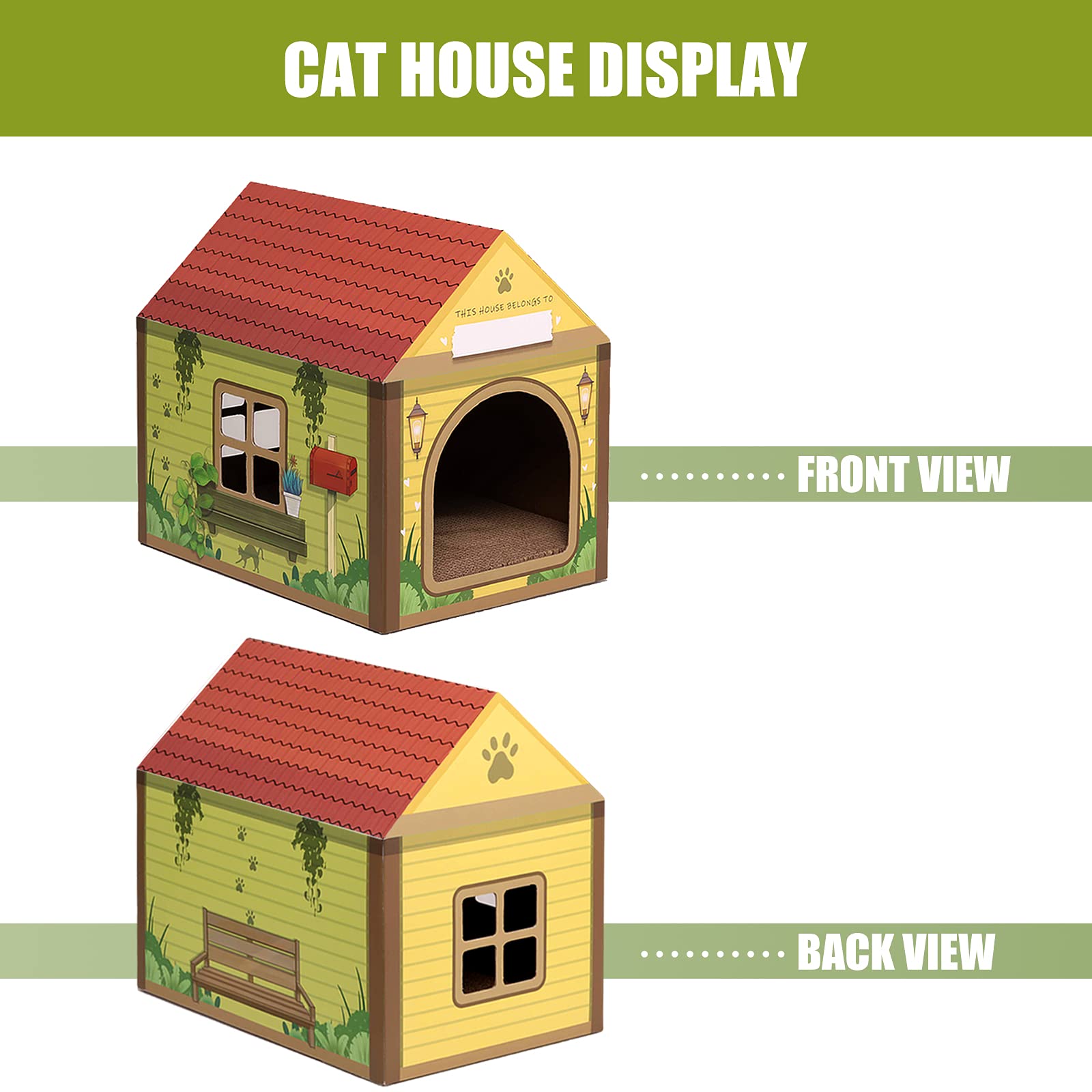 Sekam Cardboard Cat House With Scratcher/Catnip, (16.5''L X 12''W X 15''H) Cat Play House For Indoor Cats - Customized Name Space For Kitties, Arched Forest Cabin Cat Scratch Toy For Cat Birthday