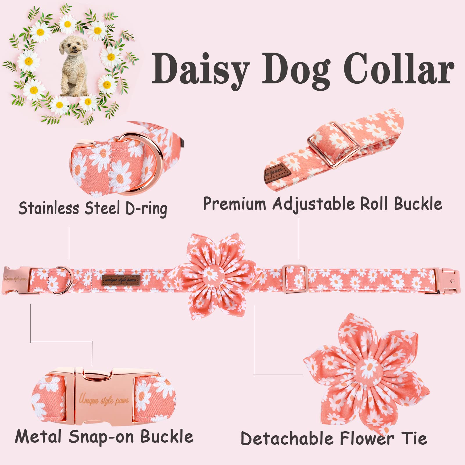 Unique Style Paws Dog Collar With Flower Tie Pink Daisy Summer Dog Collar For Small Medium Large Dogs With Adjustable Metal Buckle -S