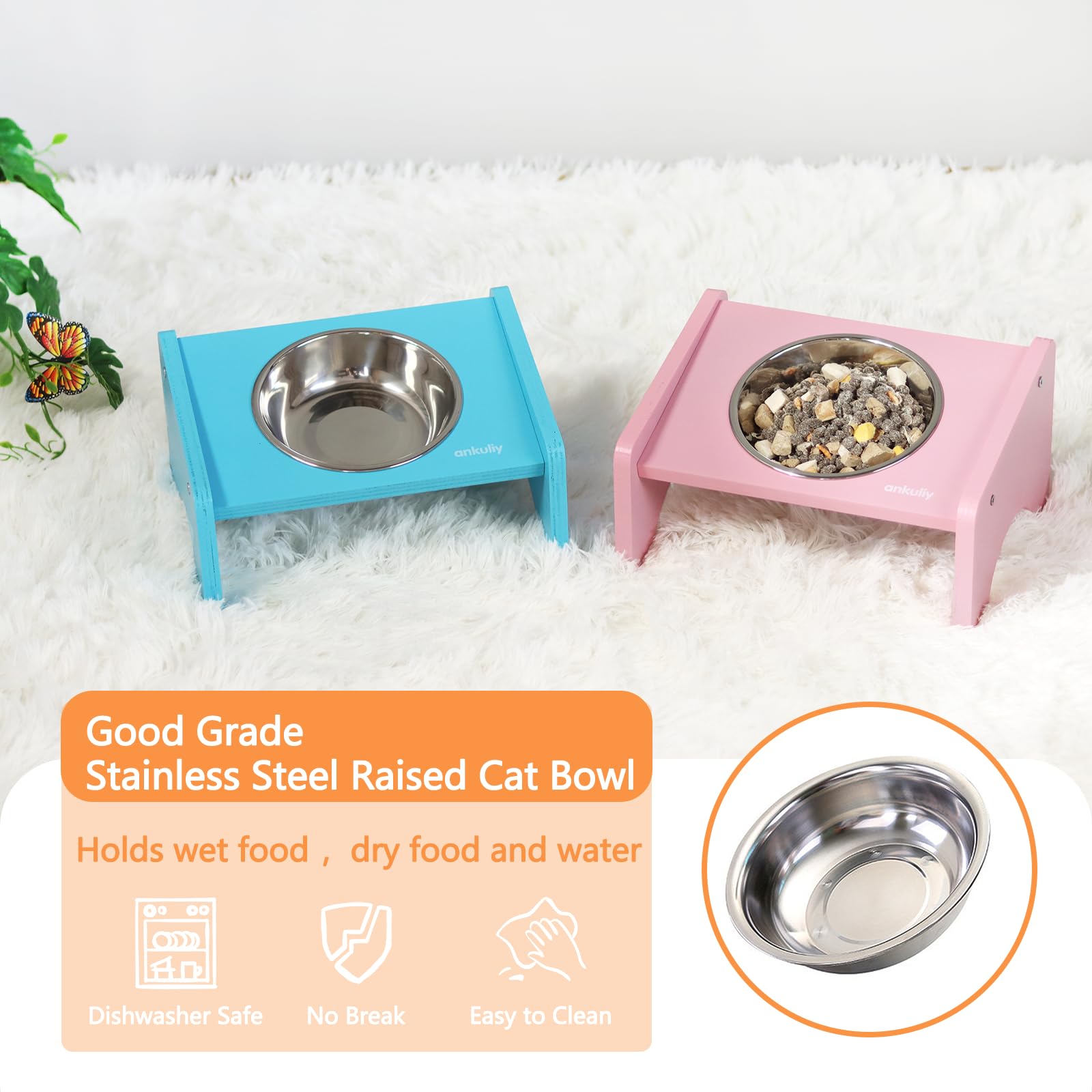 Elevated Cat Bowls,2 Stainless Steel Pet Food Water Feeder,15Tilted Raised Pet Dish, Slanted Dog Bowl with Wood Stand for Kitty