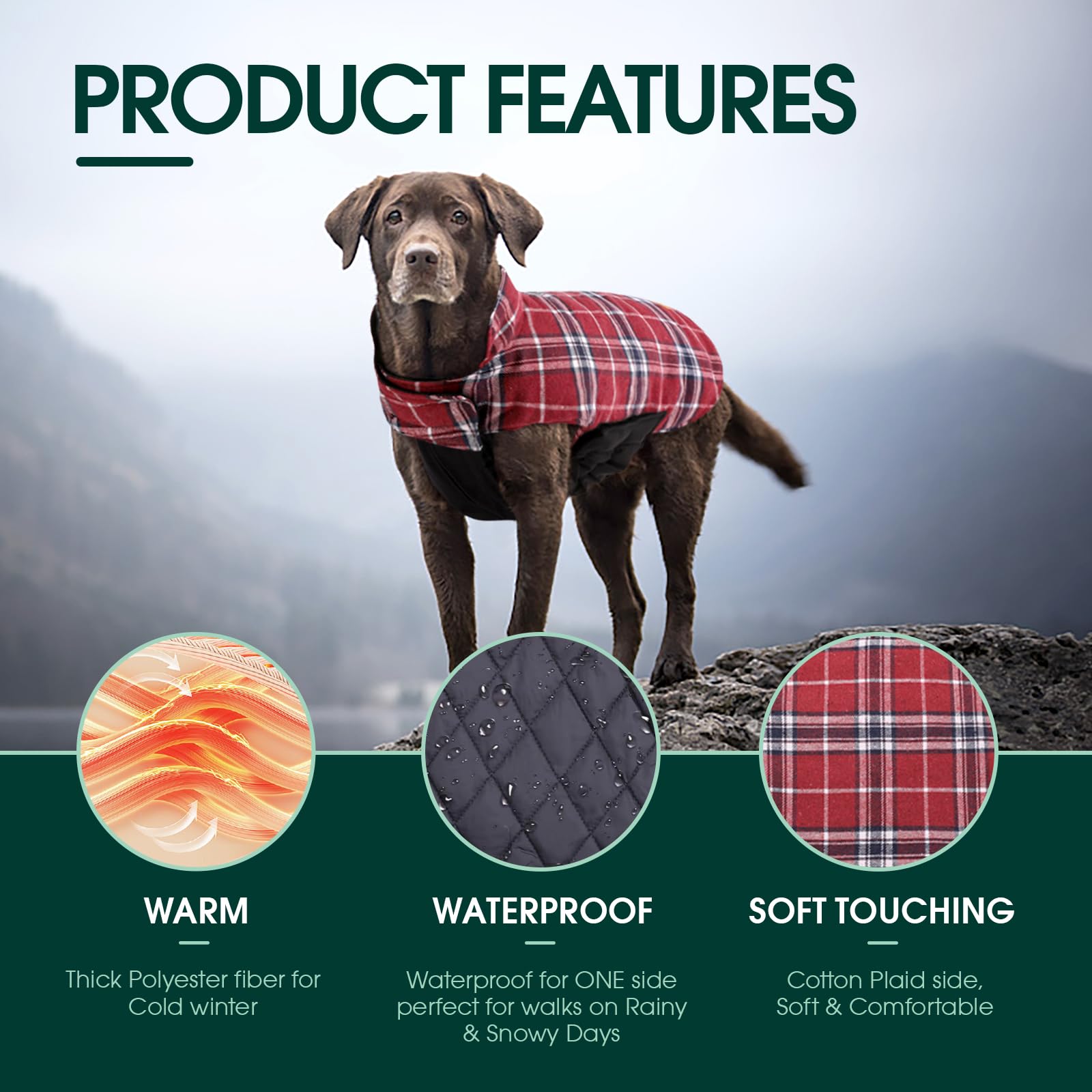 Kuoser Warm Dog Coat, Reversible Dog Jacket Waterproof Dog Winter Coat British Style Plaid Dog Clothes Pet Dog Cold Weather Coats Cozy Snow Jacket Vest For Small Medium Large Dogs Red 3Xl