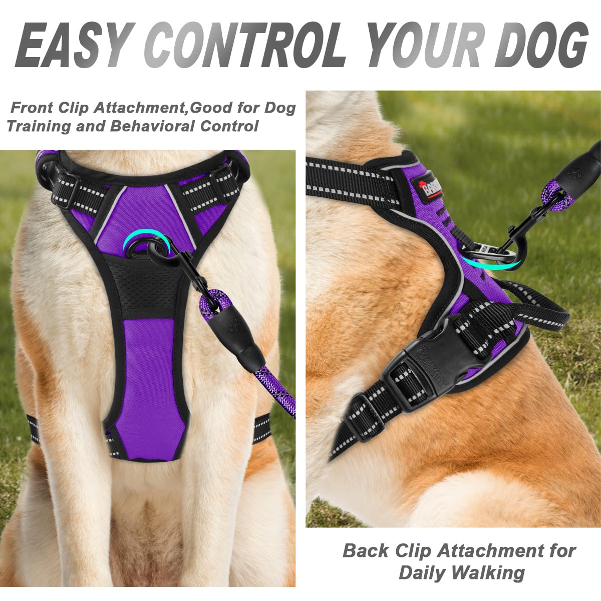 Barkbay No Pull Dog Harness Front Clip Heavy Duty Reflective Easy Control Handle For Large Dog Walking(Purple,Xl)