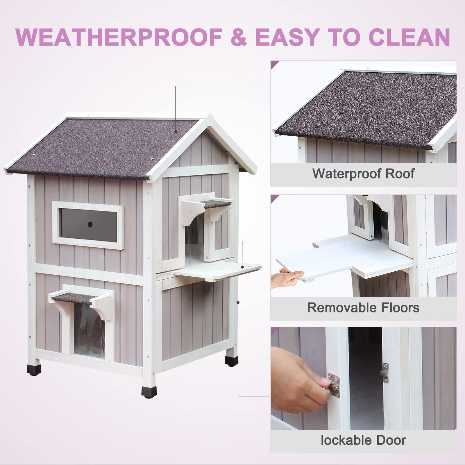 Hicaptain Outdoor Cat House For Outdoor Cats, Large Outside Weatherproof Feral Cat Shelter Fot Multiple Cats, Unique Wooden Cat