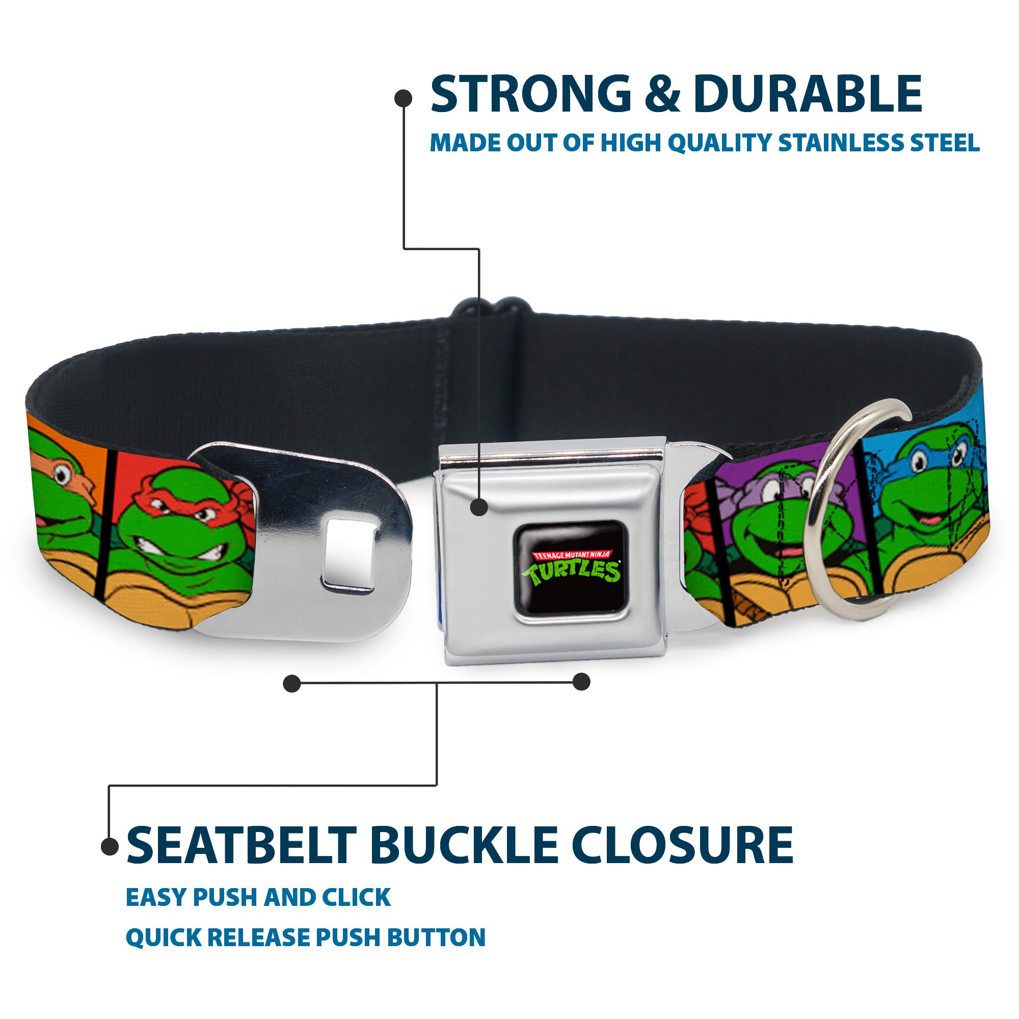 Buckle-Down Seatbelt Buckle Dog Collar - Classic Tmnt Face Blocks Black/Multi Color - 1.5' Wide - Fits 13-18' Neck - Small