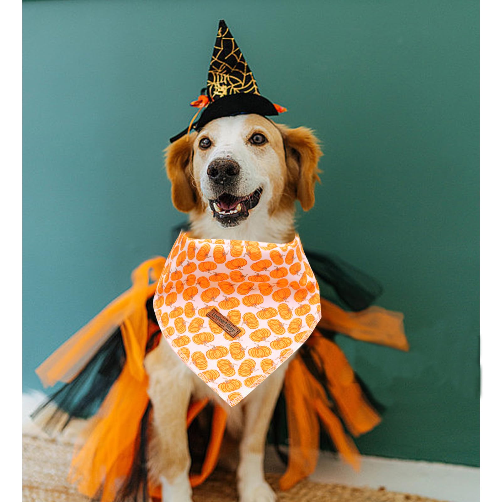 Lionheart Glory Fall Square Dog Scarf - Adjustable, Washable Soft Bandana For Medium Large Dogs (Halloween Pumpkin Theme, 1 Pack