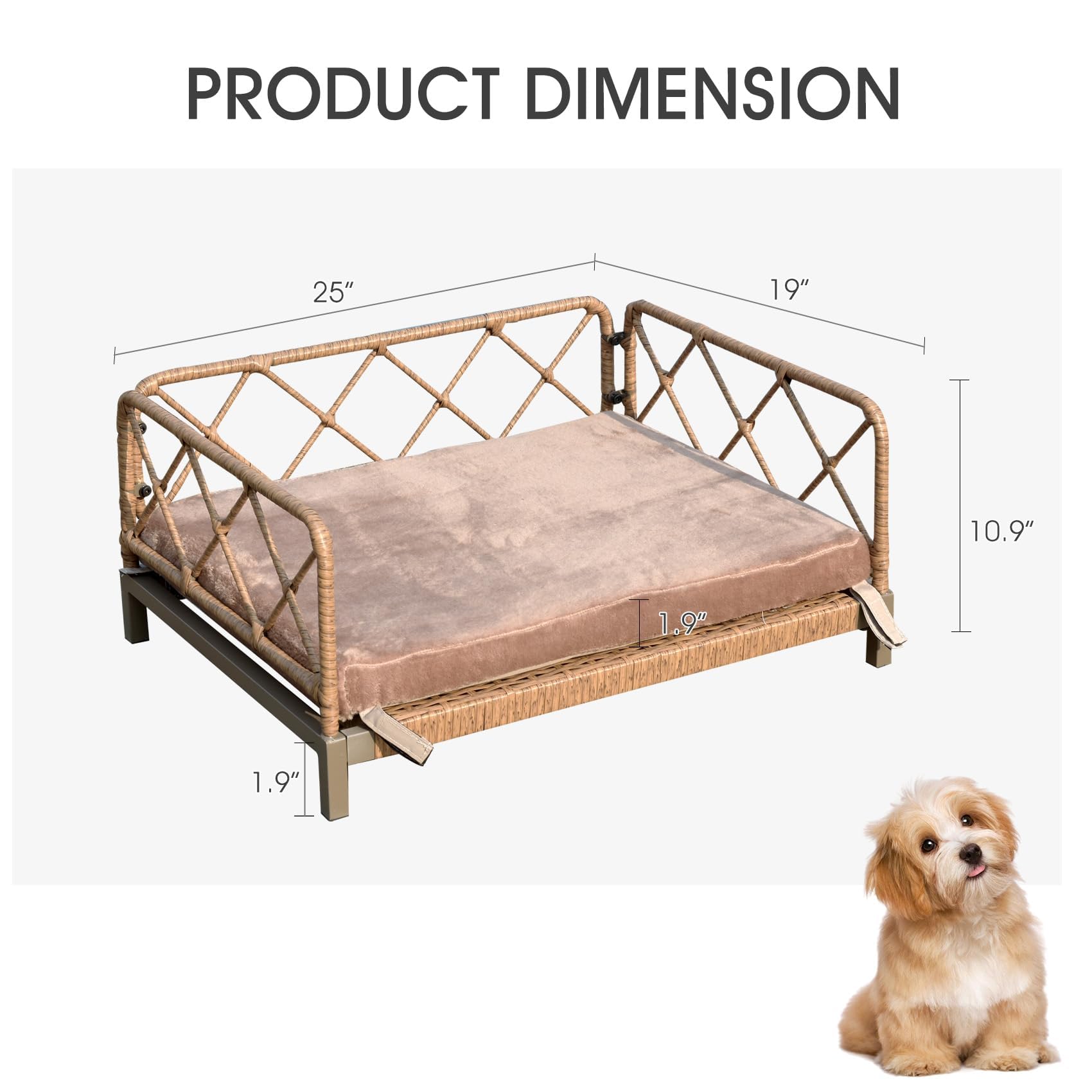 Otair Outdoor Wicker Dog Bed - Rattan Sofa with Soft Cushion, Small, Brown Wicker/White Cushion, Model Otair-Dogbed