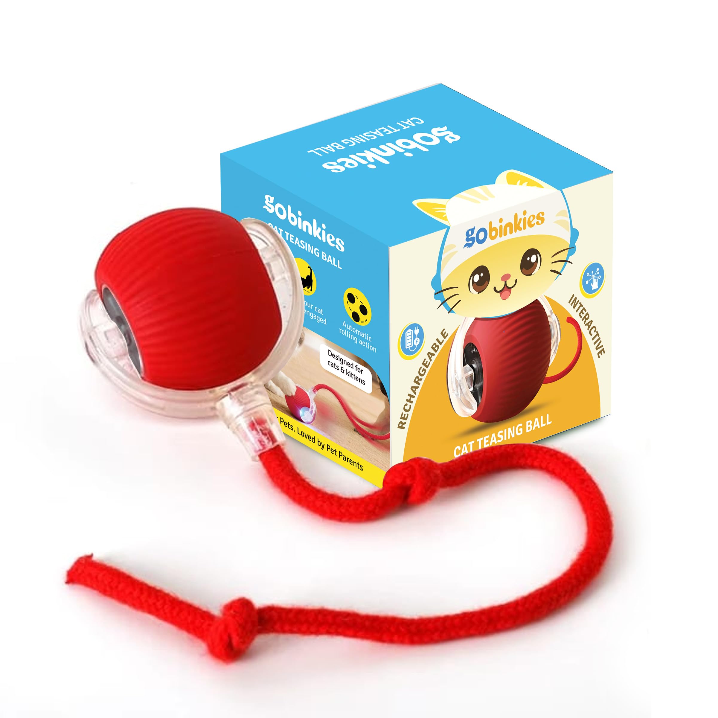 Gobinkies Interactive Smart Rolling Led Ball Toy For Cats, Automatic & Usb Rechargeable Chase Ball With Speedy Tail Rope, Indoor