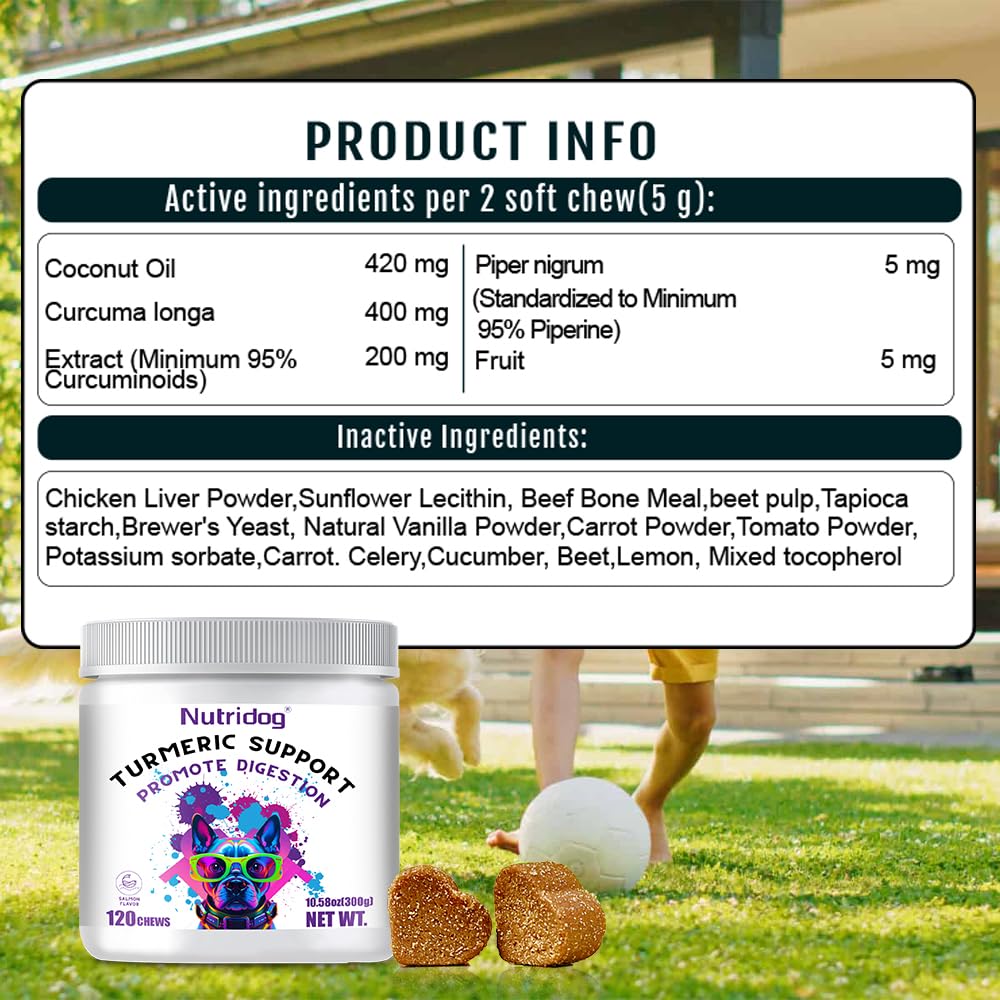 Nutridog Turmeric Chews for Dogs with Curcumin & Coconut Oil Joint Pain Relief, Anti-Inflammatory Antioxidant Support, 120 Salmo