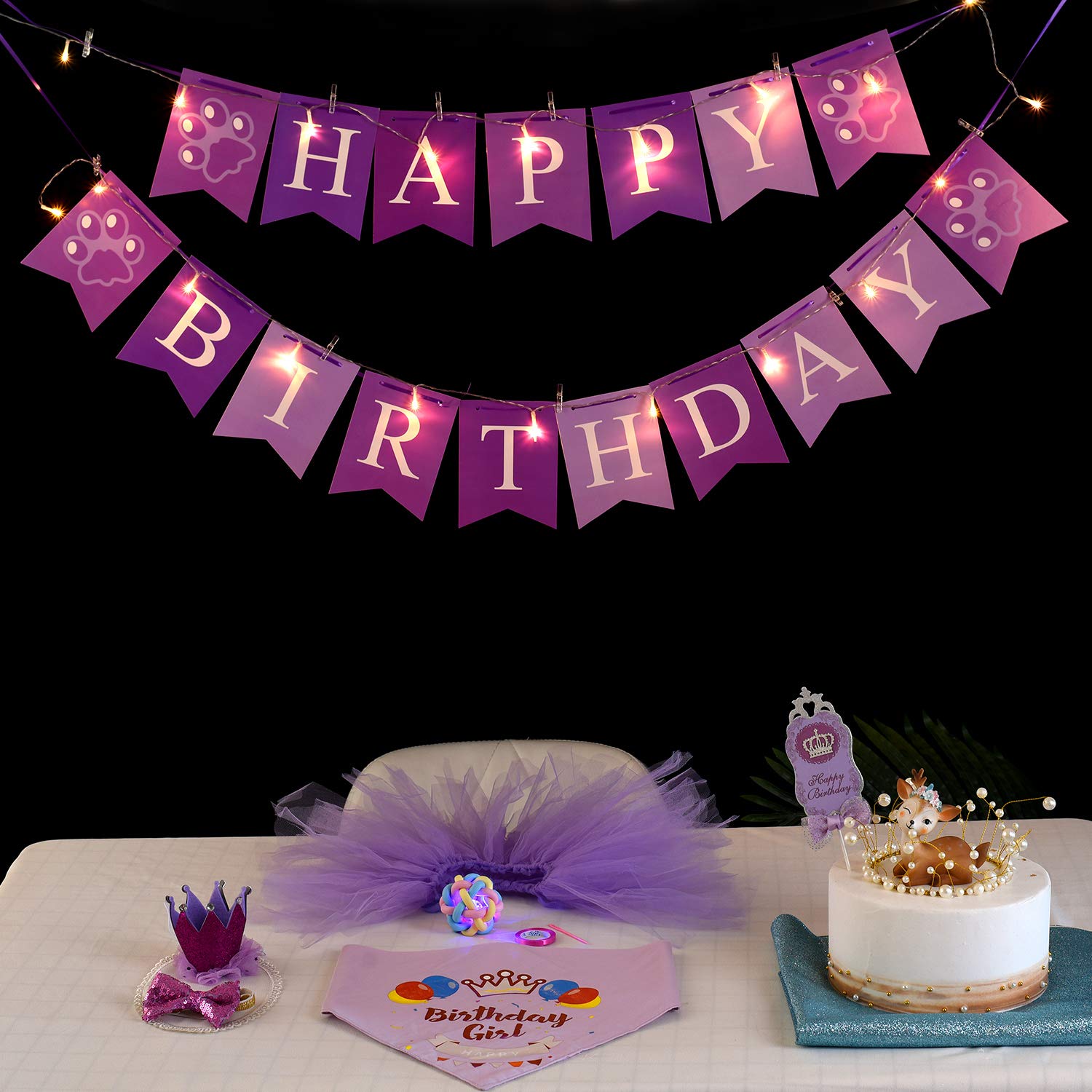 Cozifree Dog Birthday Bandana Girl Boy 6Pcs Birthday Party Supplies - Tutu Skirt Crown Hat Scarf Tie Happy Birthday Banner Cake Topper Decorations Birthday Outfit For Pet Puppy Cat Purple