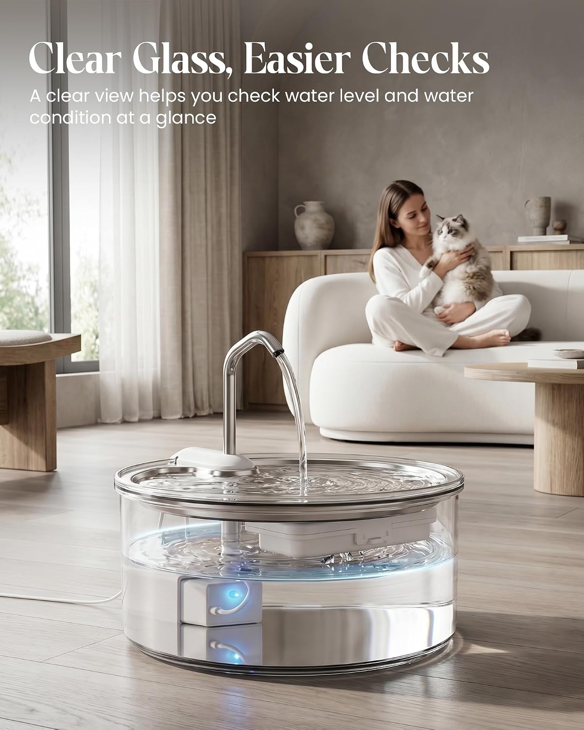 Glass Pet Water Fountain 108 oz for Cats & Small-Medium Dogs, Quiet Pump