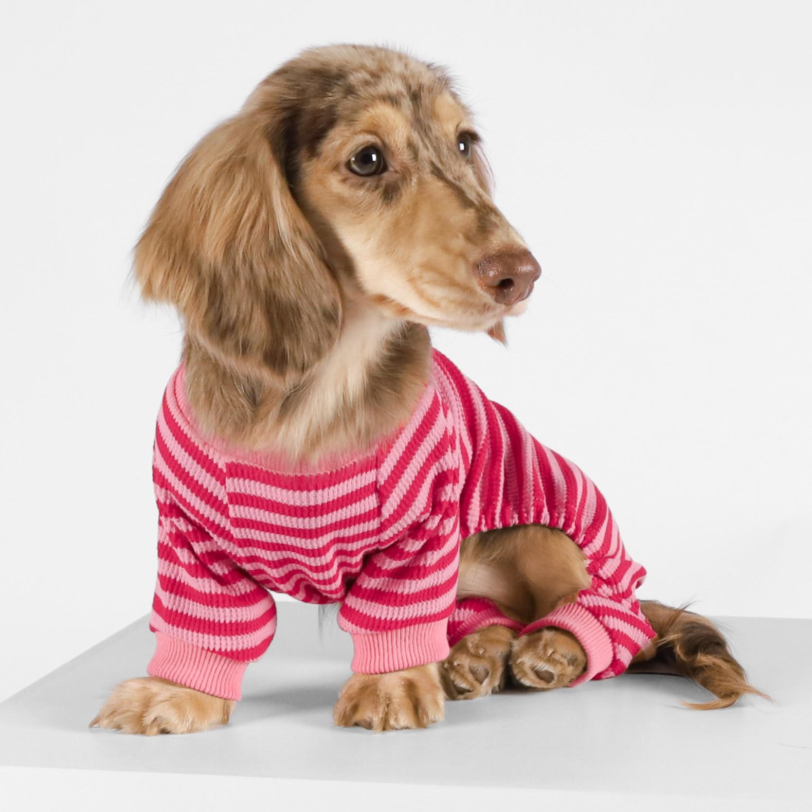 Fitwarm Dog Pajamas - Light Pink & Red Striped Waffle Onesie, Large, for Small Dogs and Puppies, Model B1339