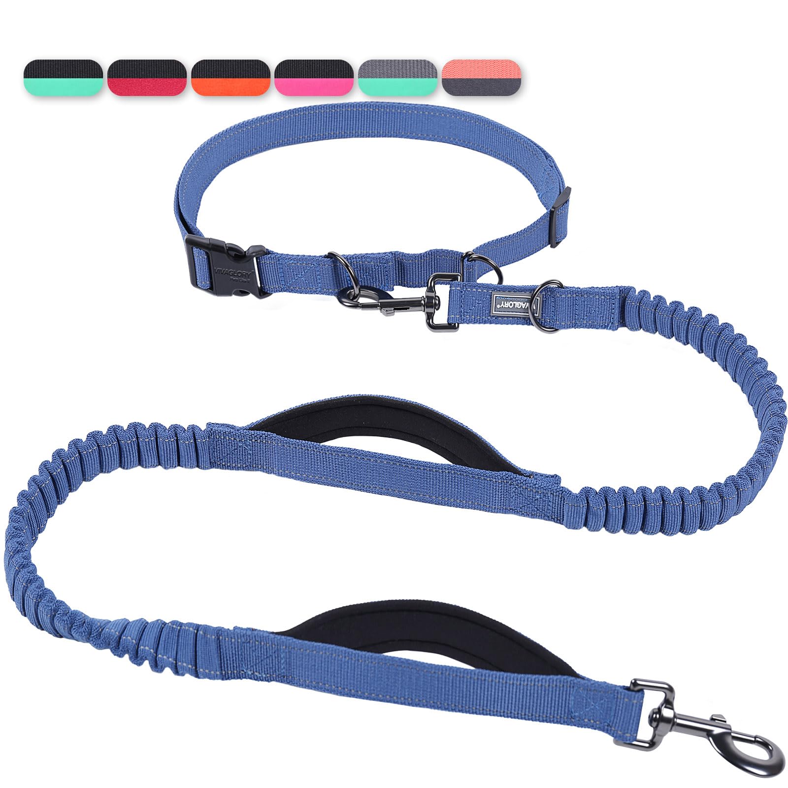 Vivaglory Hands Free Dog Leash With Dual Advanced Anti-Shock Bungees And Padded Handles, Reflective Waist Running Leash With Adjustable Belt For Training Jogging For Medium Large Dogs, Navy Blue/Black