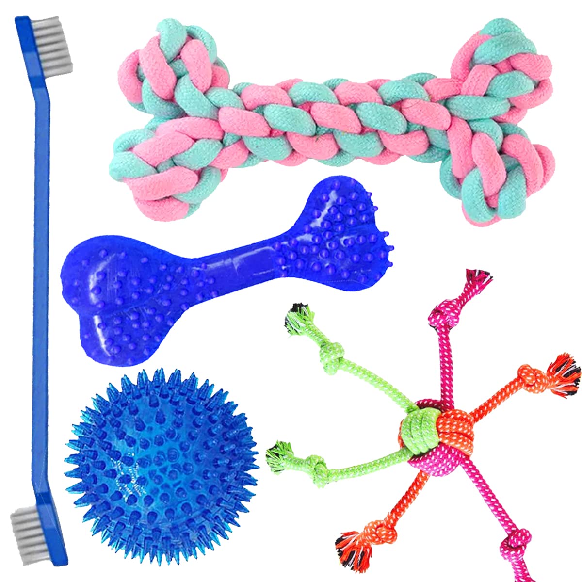 Youhavedeal Dog Toys, Puppy Teething Chew With Rope Toys,Rubber Bone For Small To Medium Breeds, Pack Of 5 With Free Toothbrush 