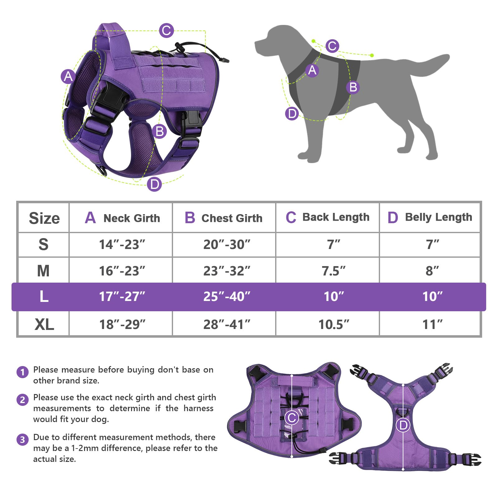 Wingoin Purple Tactical Dog Harness Vest With Handle Tactical Dog Harness For Large Dogs No Pull Adjustable Pet Harness Reflective K9 Military Service Dog Harnesses For Walking Hiking Training (L)