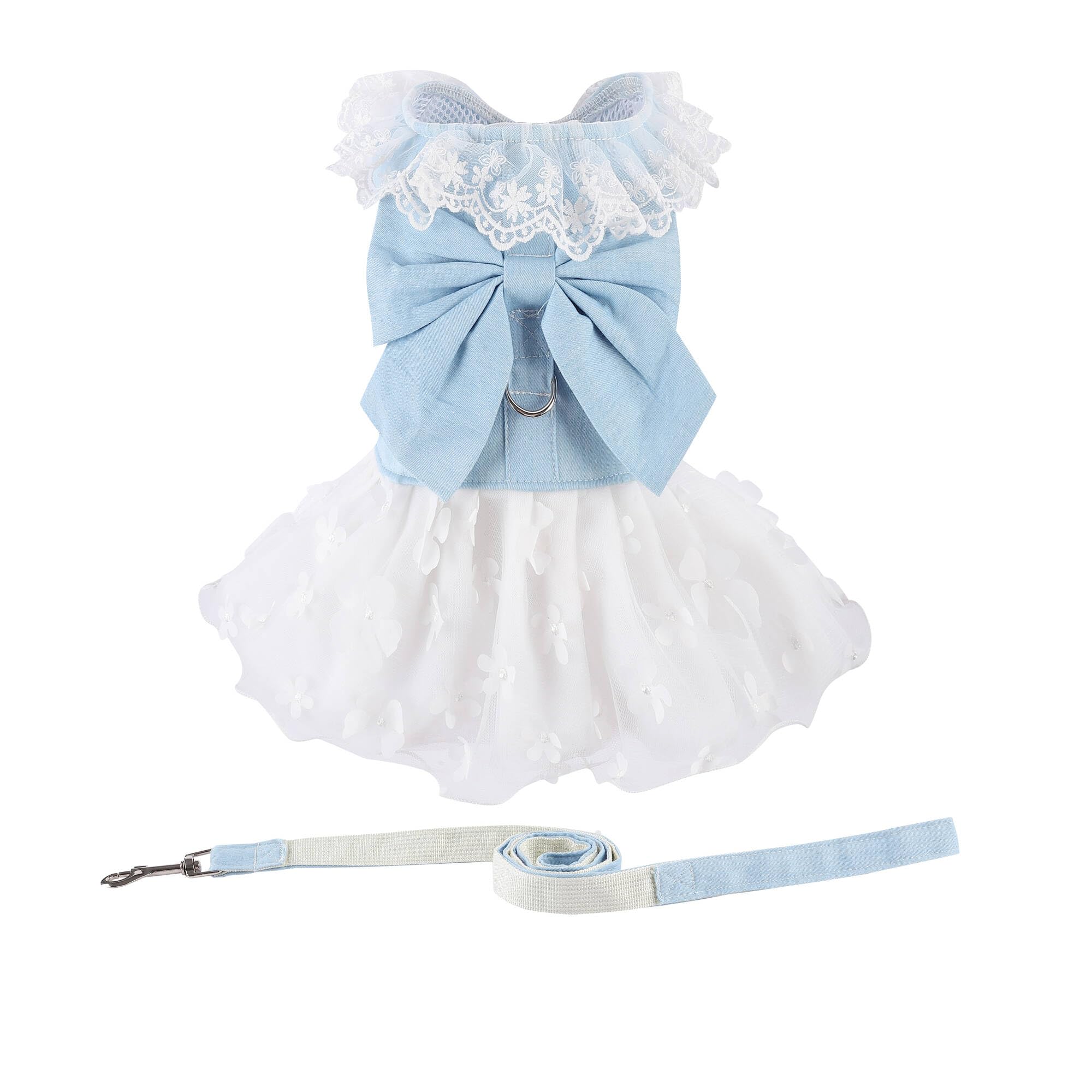 Dog Denim Dress With Leash Ring, Puppy Bowknot Lace Mesh Princess Skirt For Small Pet Fashion Clothes(Light Blue,Medium)