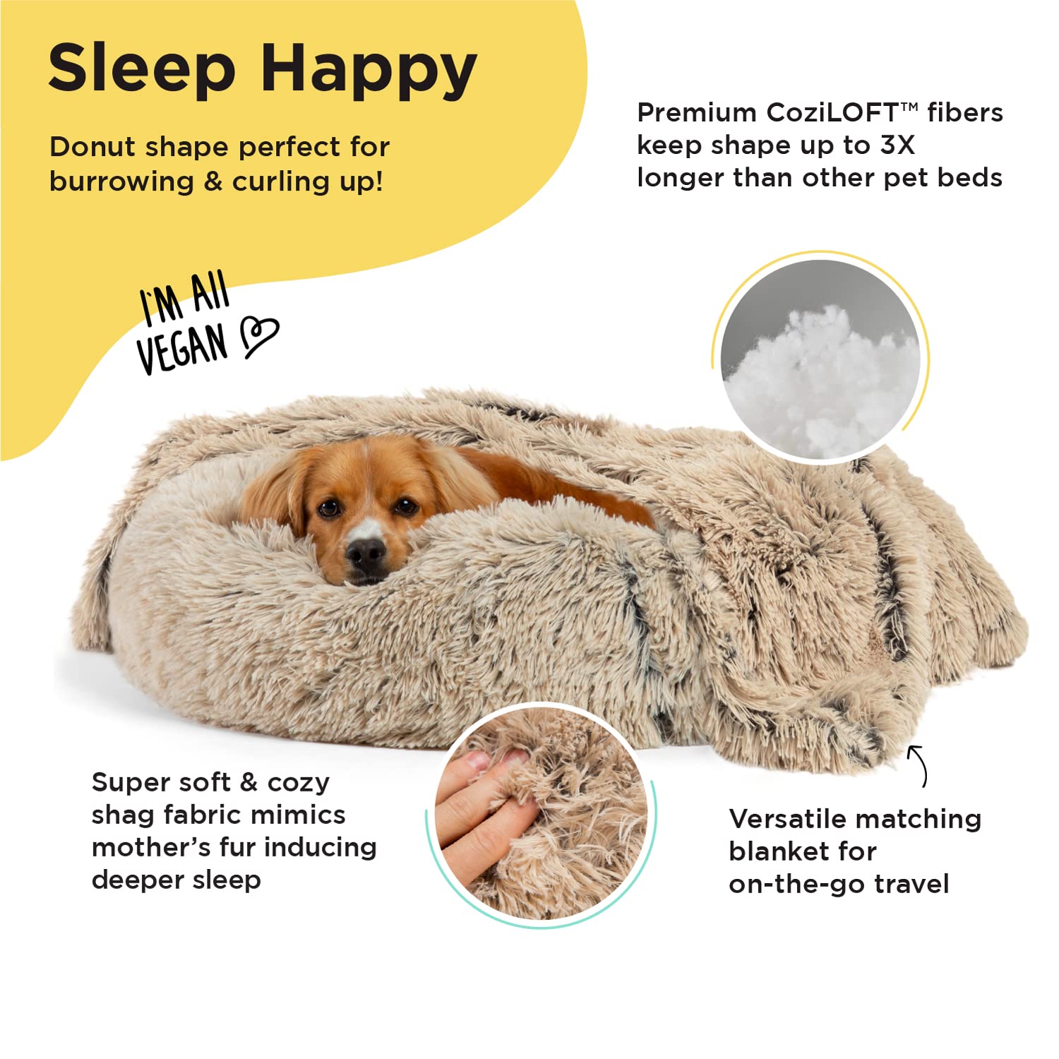 Best Friends by Sheri Calming Shag Donut Bed & Blanket Set, Taupe, Small 23" x 23", Long Shag Fur, Model 4934