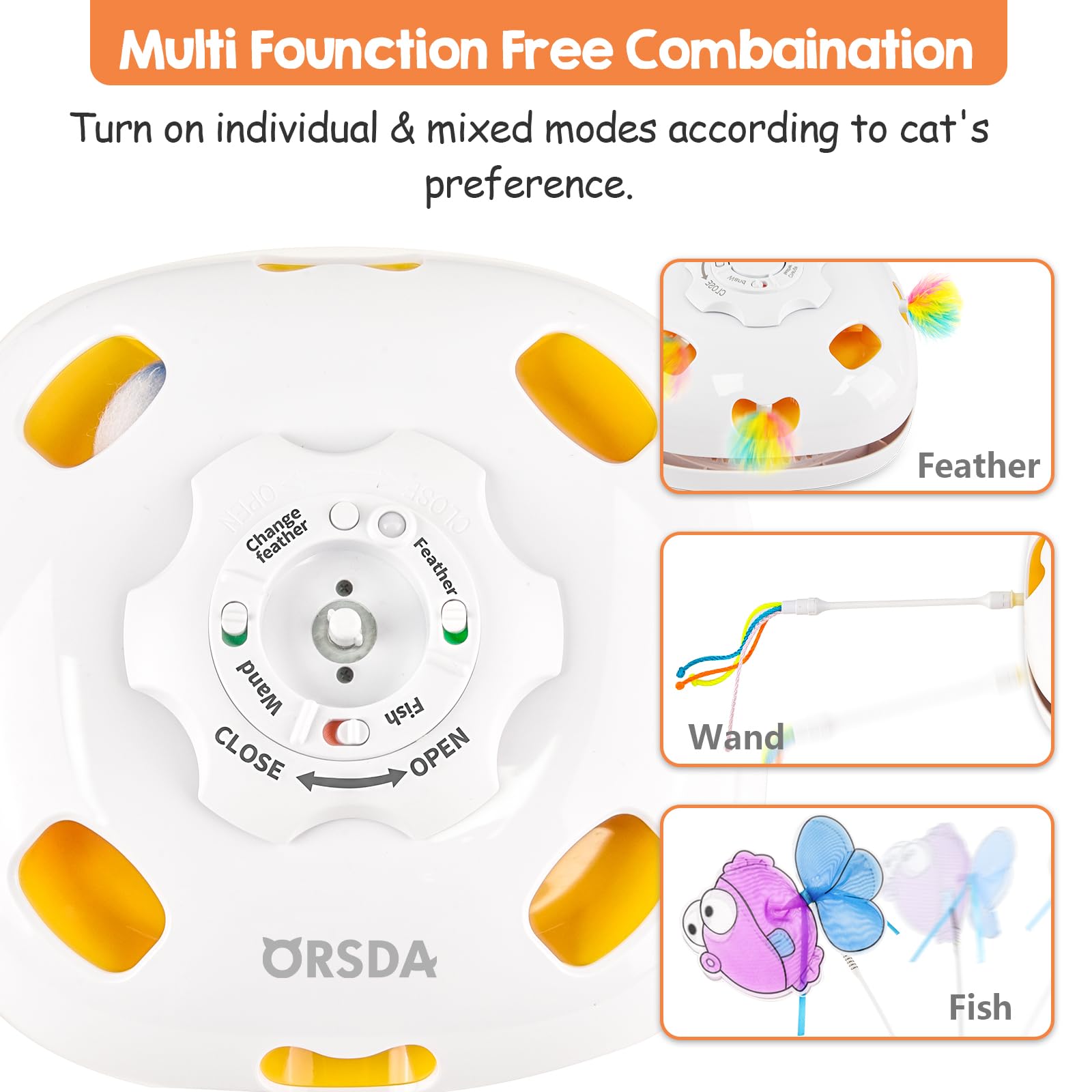 Orsda Interactive Cat Toys For Indoor Cats, Rechargeable Hide And Seek Cat Toy, Motion Cat Toys, Moving Ambush Feather (5- In-1