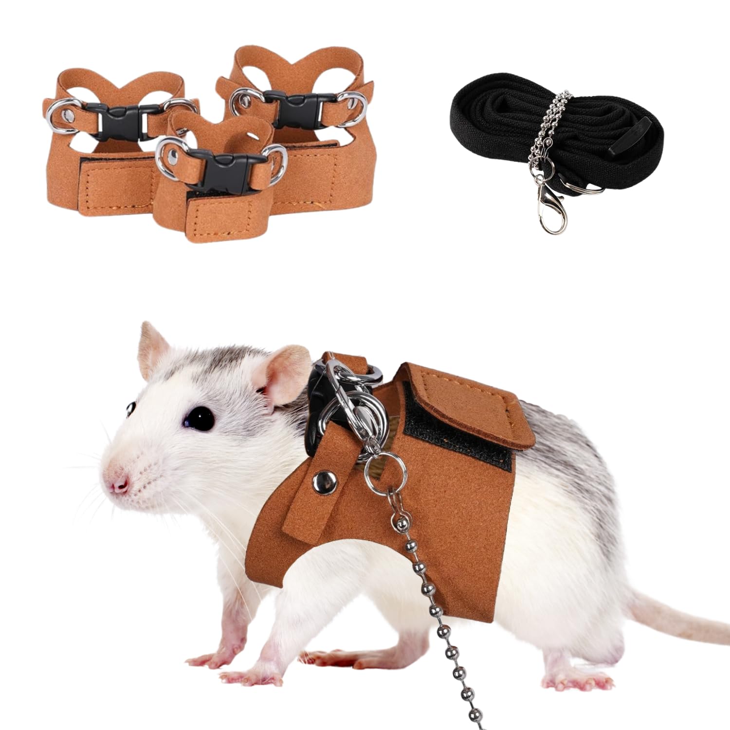3 Pack Rat Harness And Leash - Adjustable Soft Leather Small Animal Harness Leash Traction Rope Anti-Bite Chain Training Walking