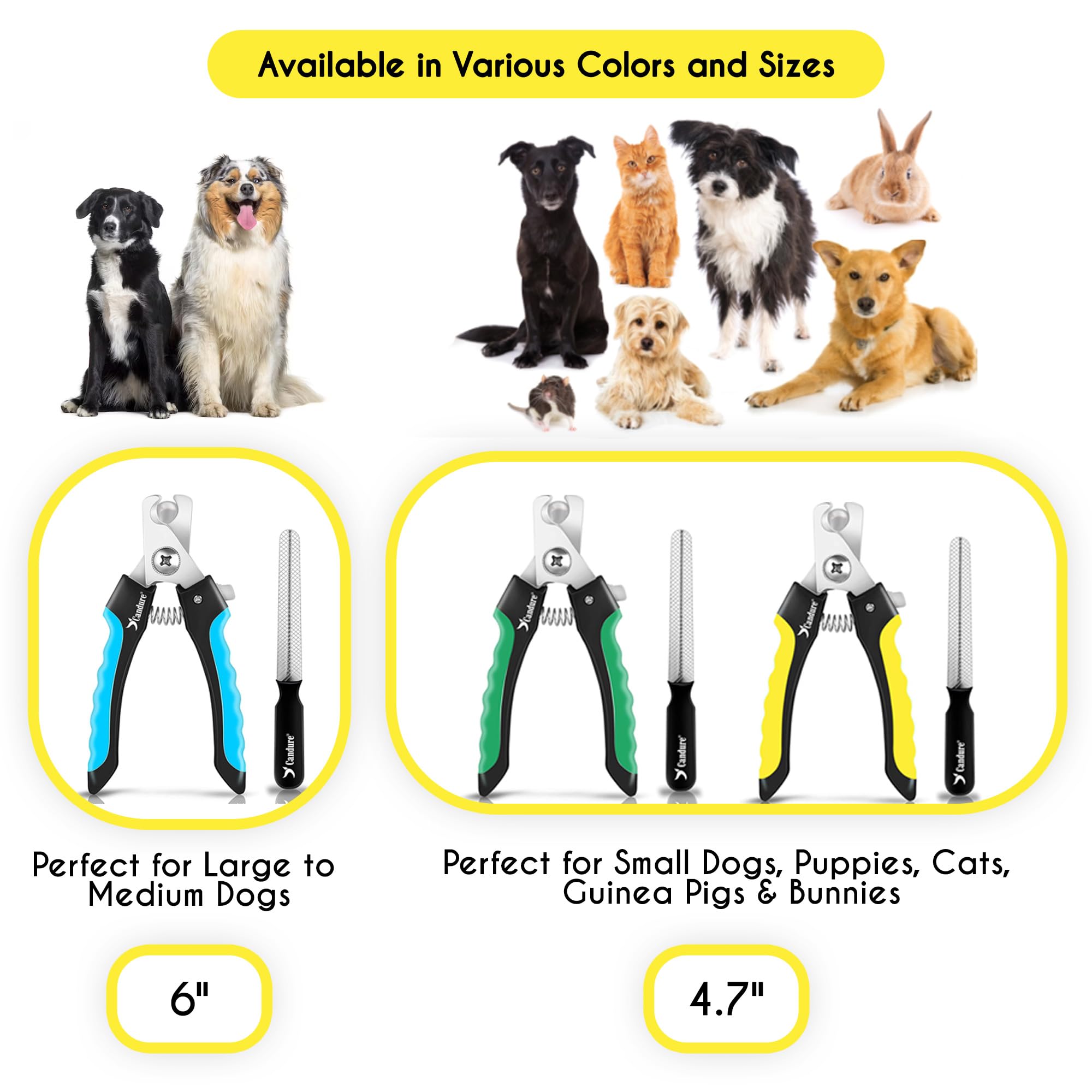 Candure Dog Nail Clippers - Professional Stainless Steel Trimmers for Small to Medium Breeds, Medium Size, Yellow, Model GB