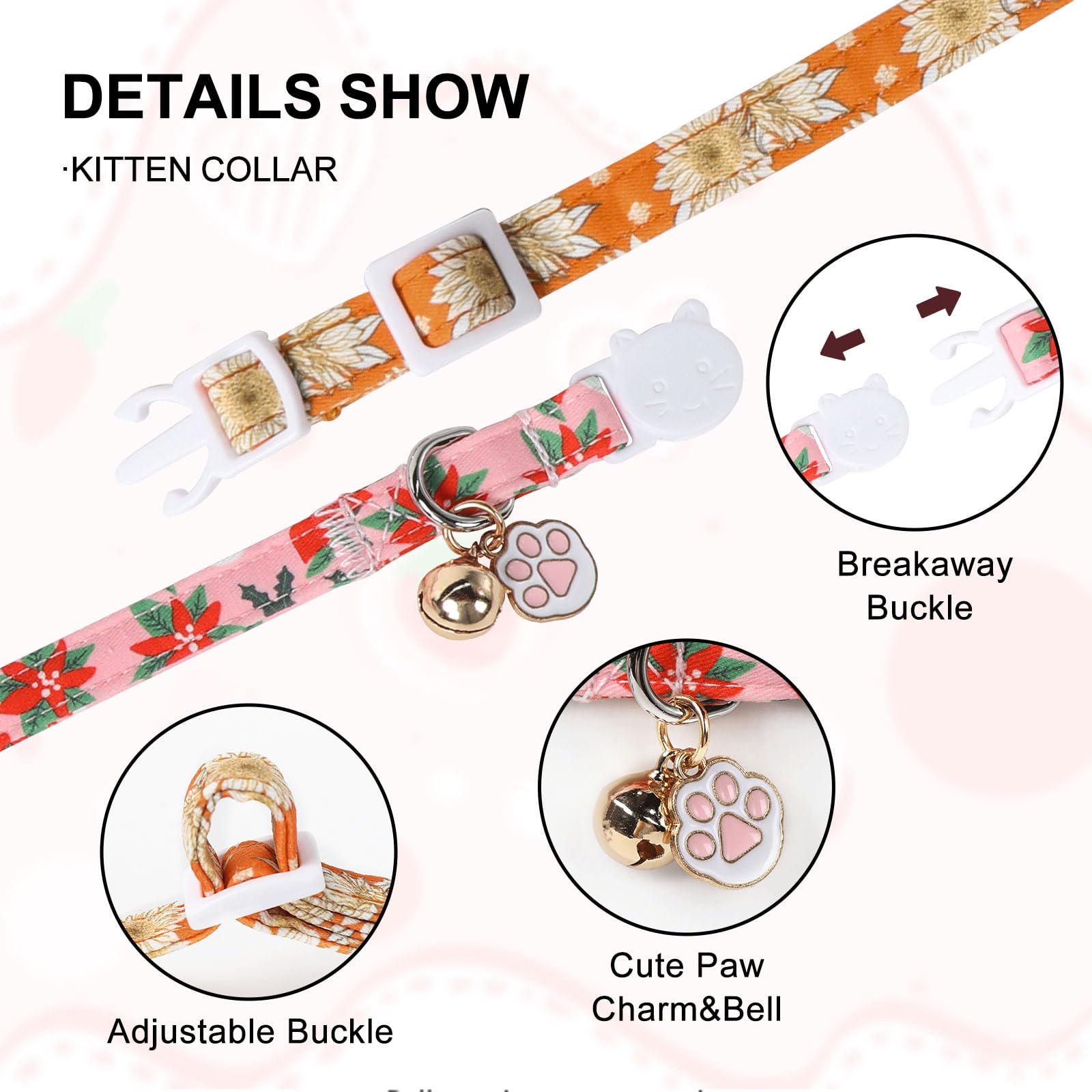 Unique Style Paws Christmas Kitten Collar,2 Pack Cat Collar For Girl Cats With Flower Pattern,Breakaway Cat Collar With Bell,Cut