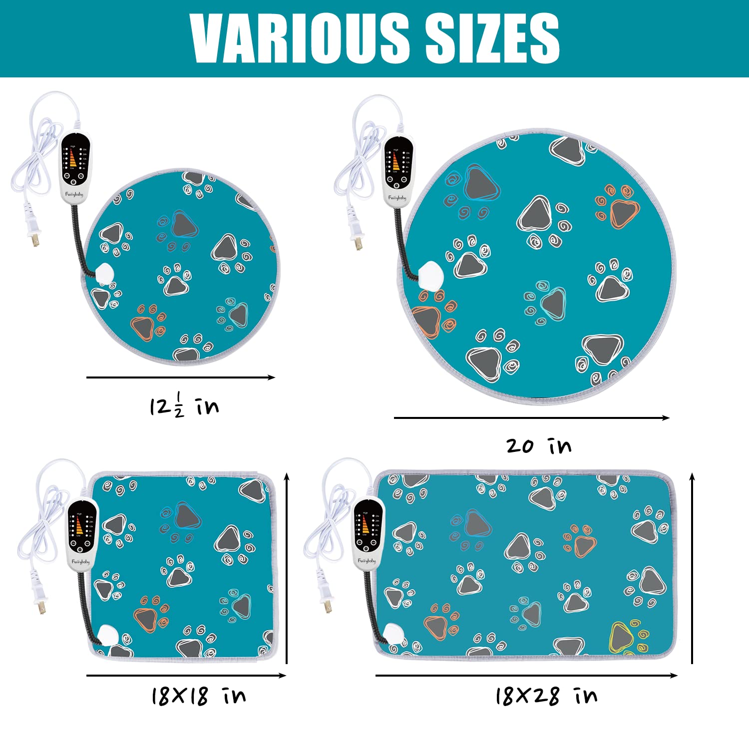 Furrybaby Pet Heating Pad - Waterproof & Anti-Bite, 17"x17", Oxford Material, Green Paw, 5-Level Timer & Temperature Control