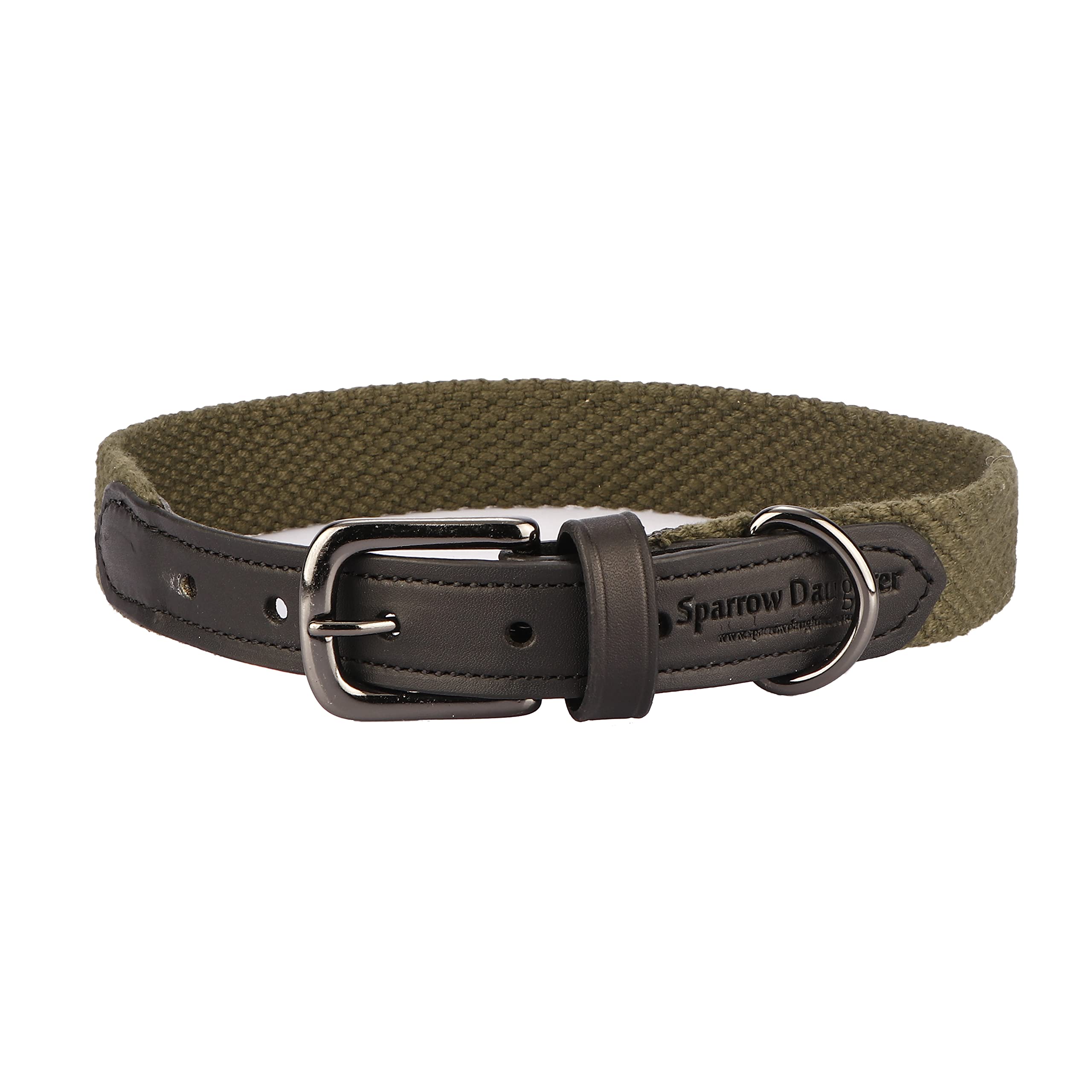 Sparrow Daughter Plain Cotton Dog Collar With Leather Reinforcement Adjustable Soft Breathable Neckbelt Heavy Duty Brass Hardwar