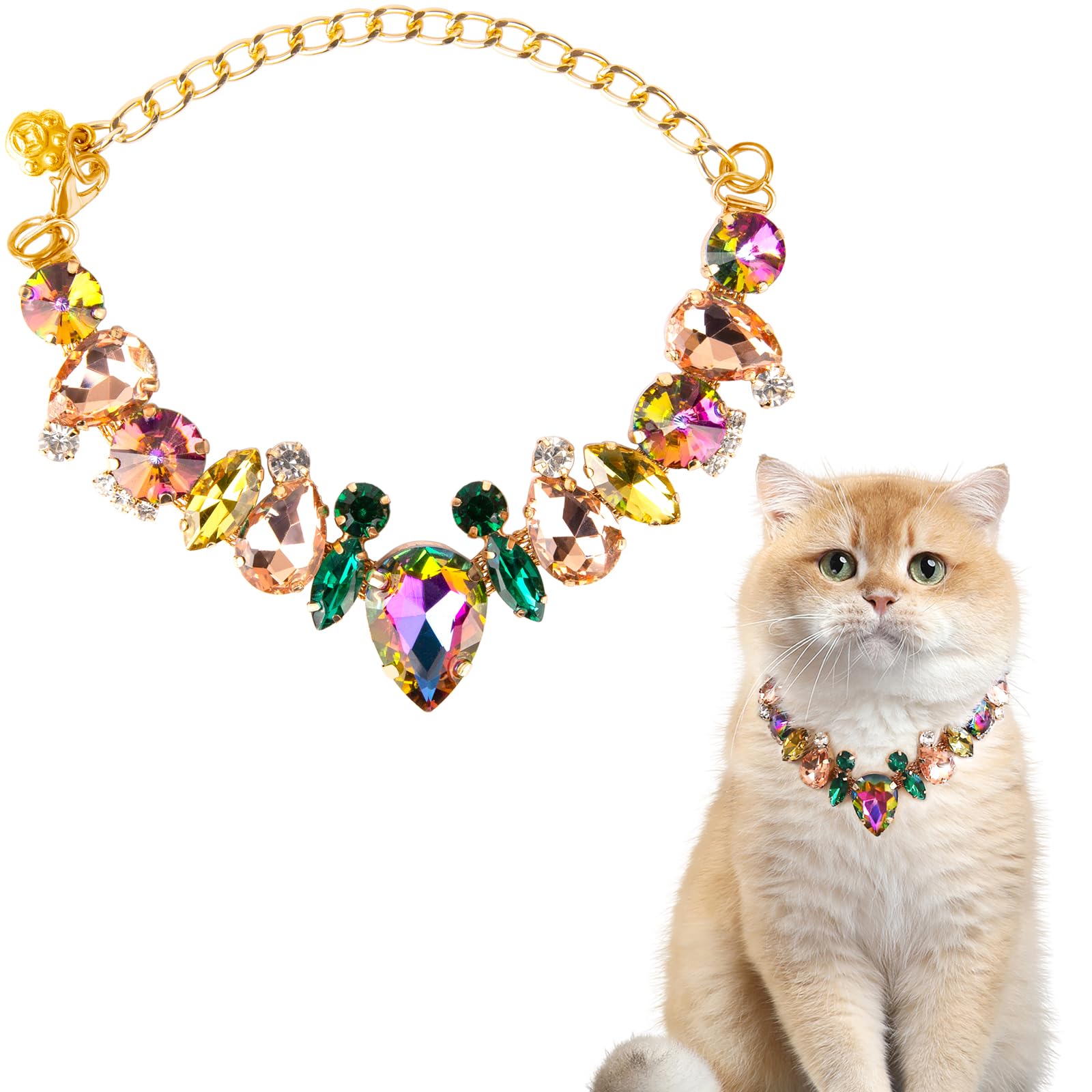 Howwfaly Dog Collar And Cat Collar Gold Chain Necklace Stainless Steel Adjustable Yellow Diamonds Collar With Cute Pet Paw For S