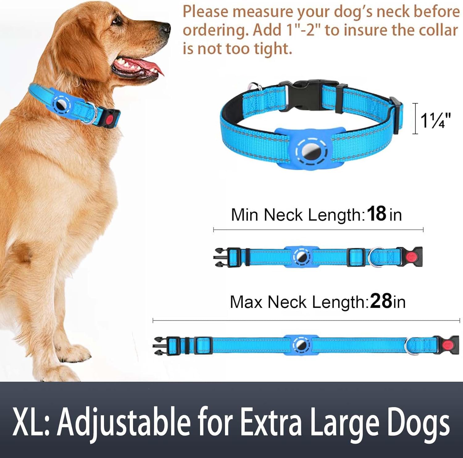 Erbine Airtag Dog Collar For Large Dogs, Reflective Dog Collars With Airtag Holder, Soft Padded & Safety Locking Buckle, Nylon Pet Collar Adjustable For All Breeds, Skyblue