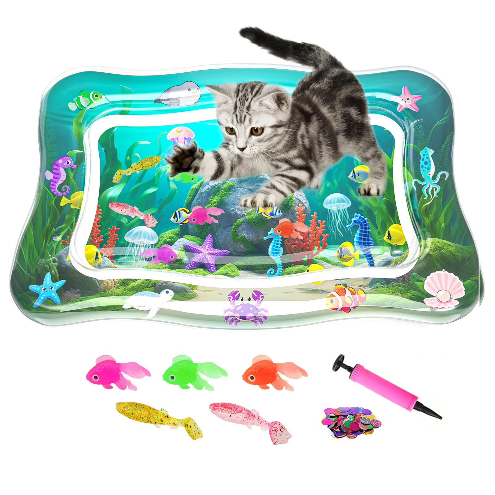 PANRIO Interactive Cat Toy for Indoor Cats, Upgraded Cat Water Mat with Fish - 0.7mm Thickened Water Sensory Play Pad, Enrichmen