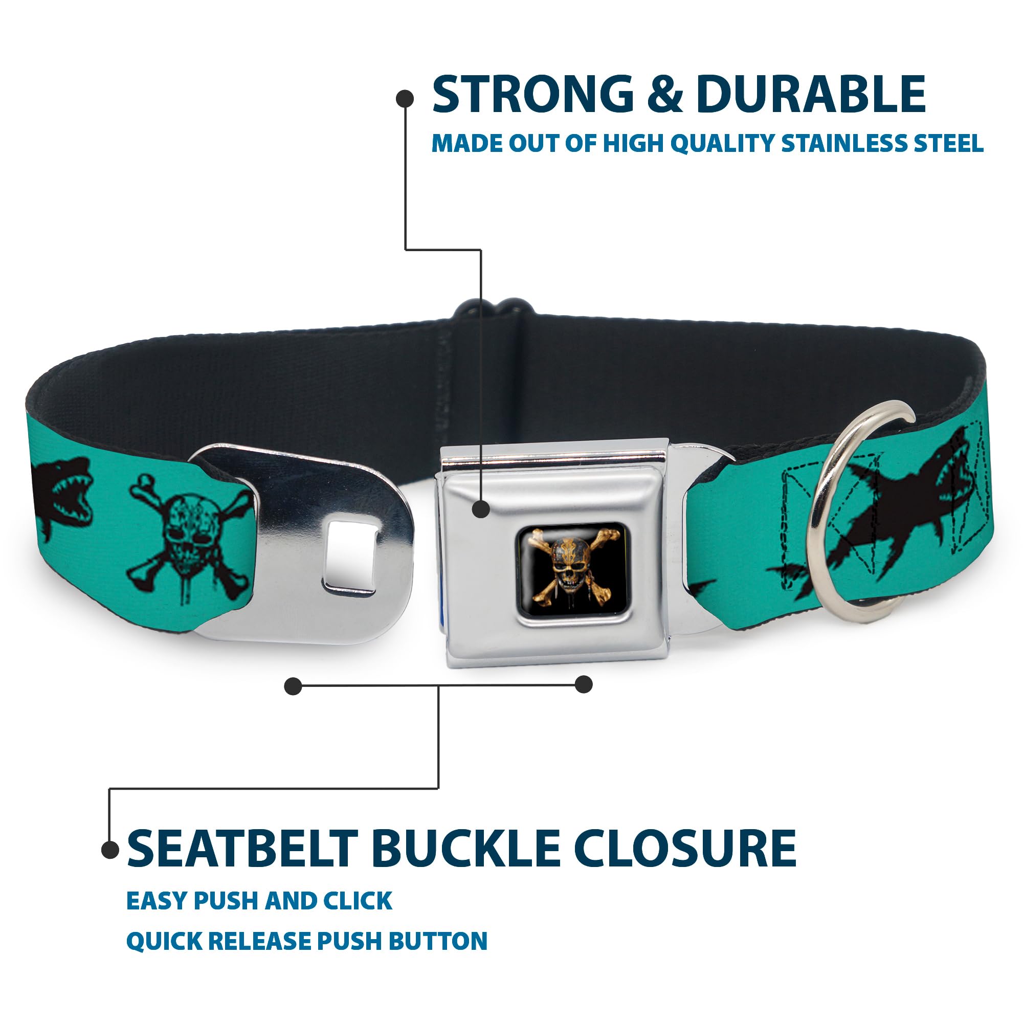 Buckle-Down Dog Collar Seatbelt Buckle Pirates Skull Crossbones Sharks Turquoise Black 15 To 26 Inches 1.0 Inch Wide, Multicolor (Dc-Wdy391-L)