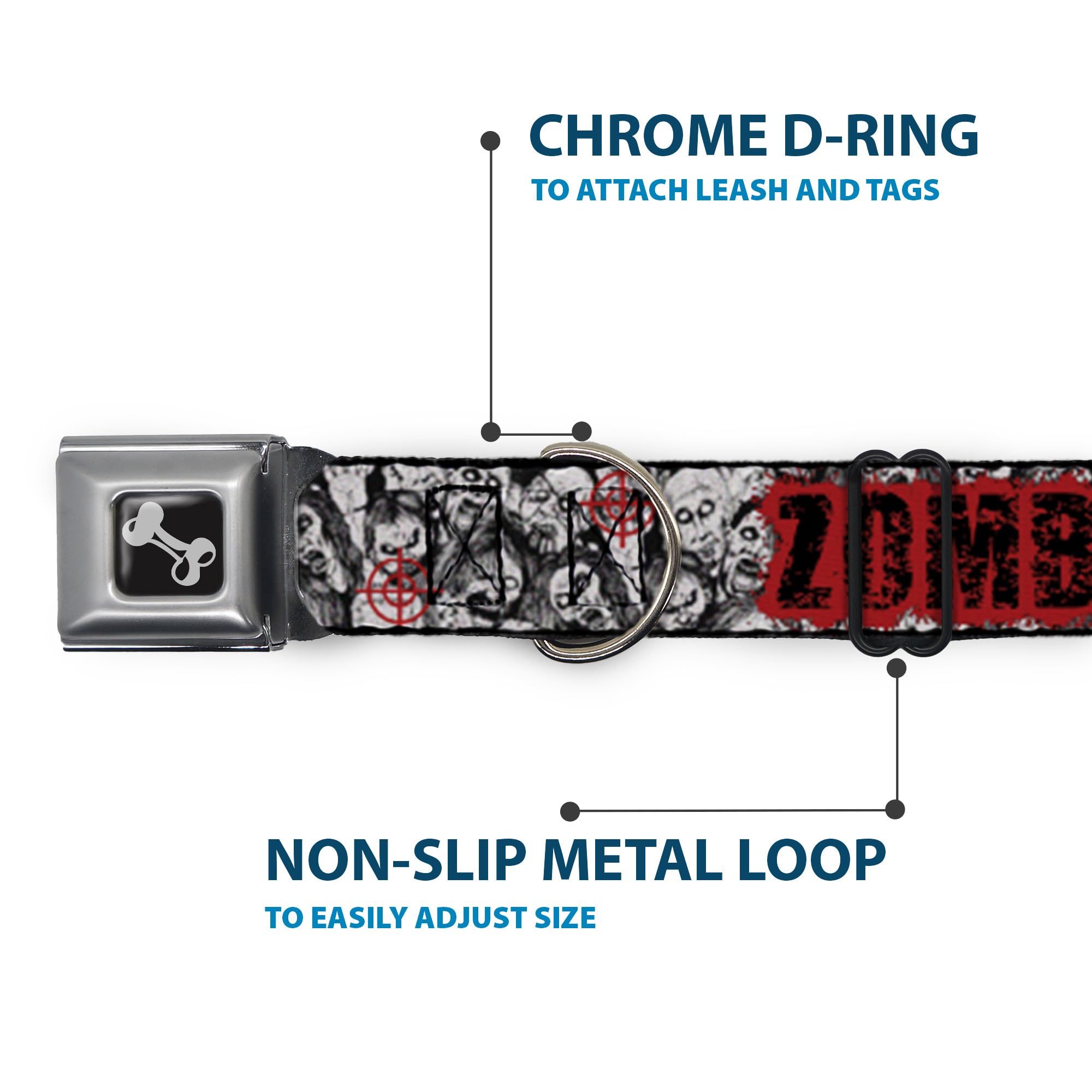 Buckle-Down Seatbelt Buckle Dog Collar - Zombie Killer W/Stacked Zombies Sketch - 1'' Wide - Fits 9-15'' Neck - Small