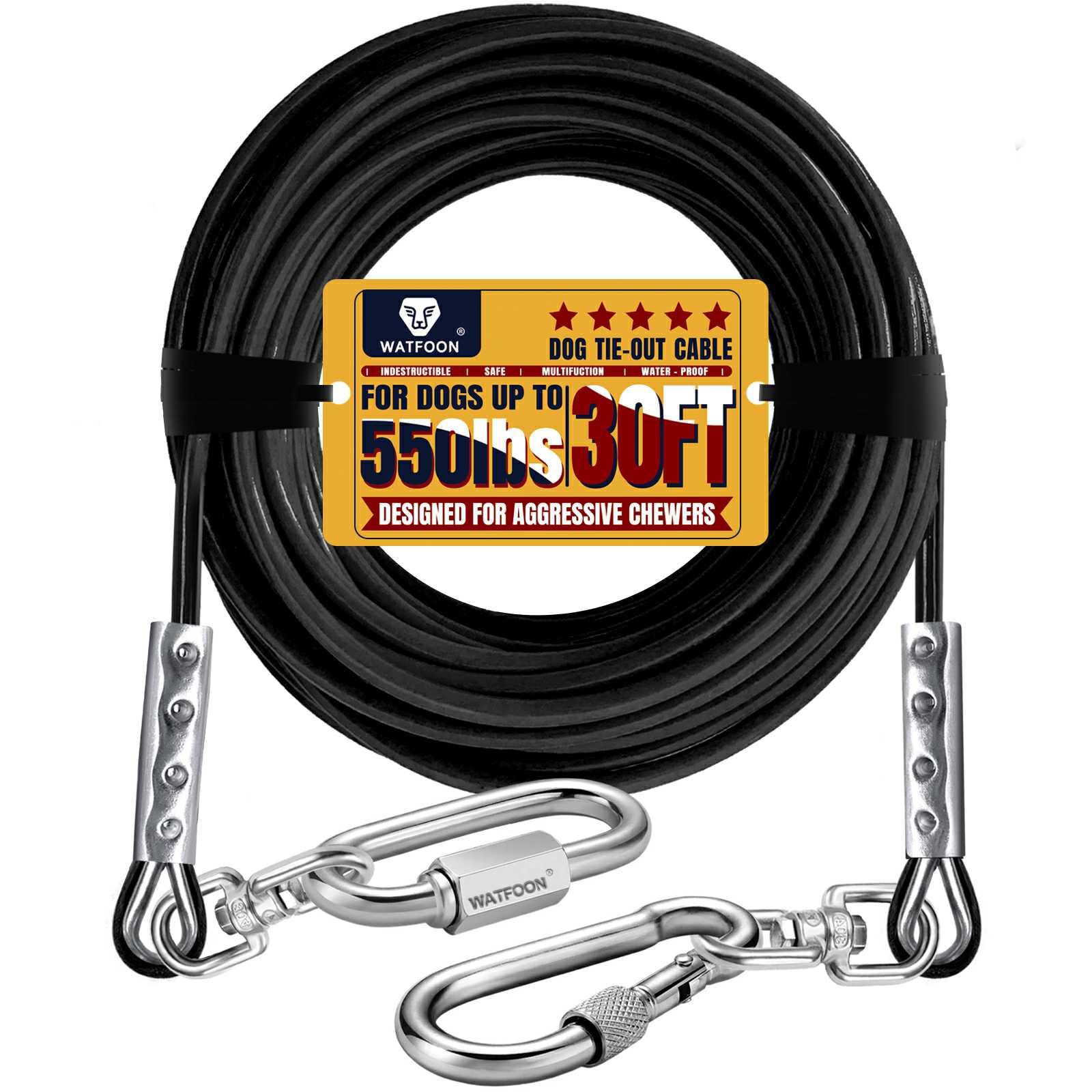 Watfoon 30Ft Dog Leads For Yard, 1500Lbs Break Strength, Heavy Duty Tie Out Cable For X-Large Dogs Training With Dual Rotating H