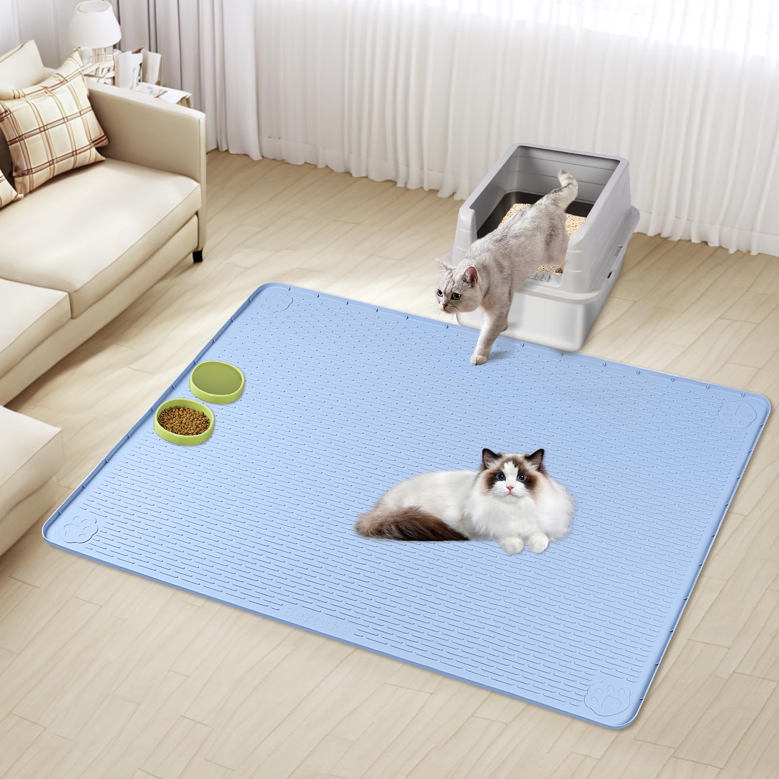 Bartuke Cat Litter Mat, XXL Extra Large 50 x 35 Silicone Mat Litter Trapping Mat for Scatter Control, Soft on Kitty Paws, Easy t