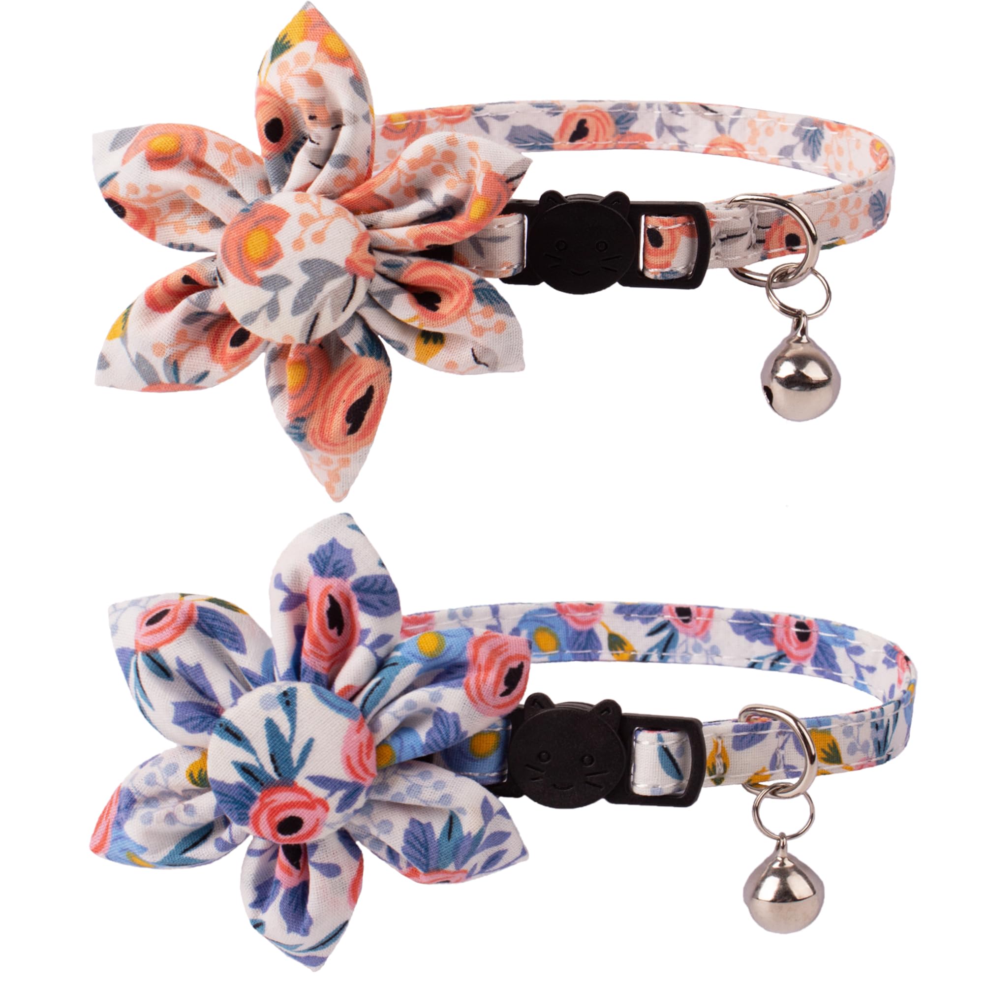 Adoggygo Floral Cat Collar With Bells, 2 Pack Girl Kitten Collar With Removable Floral, Adjustable Flower Collars For Cats (Oran