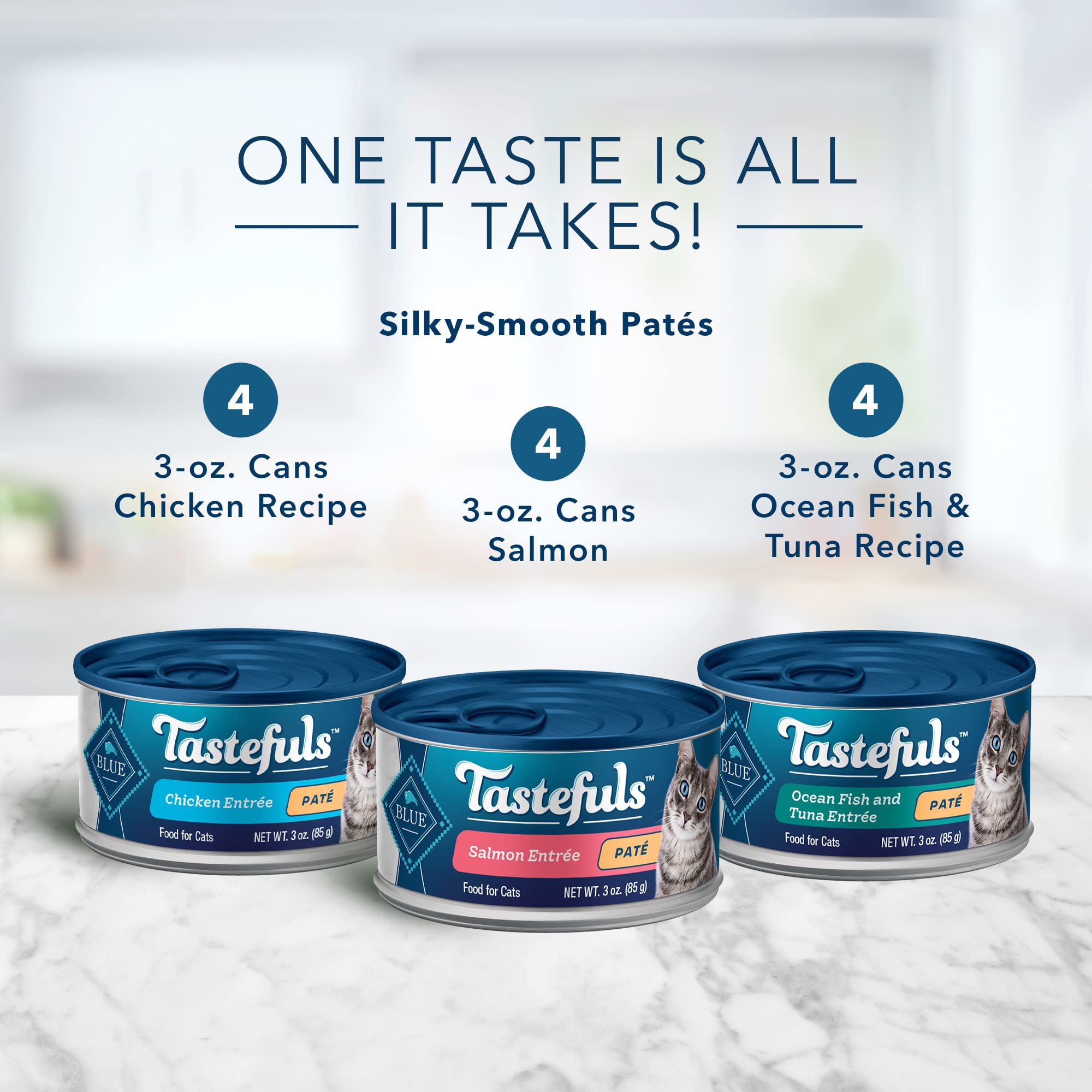 Blue Buffalo Tastefuls Natural Pate Wet Cat Food Variety Pack, Salmon, Chicken, Ocean Fish & Tuna Entr  es 3-oz Cans (12 Count -