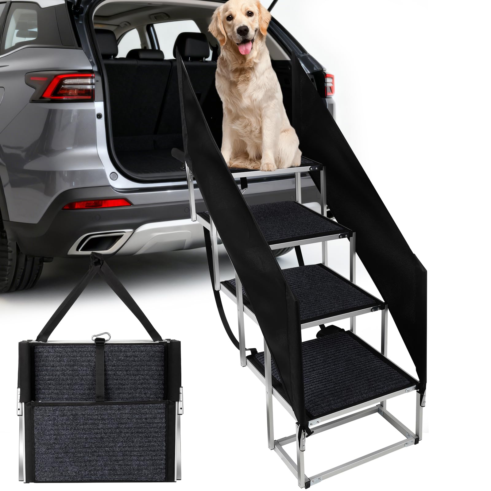 Dog Stairs with Guardrail for Large Dogs Extra Wide 20 Inch Step, 34 Inch 4 Step Non Slip Surface, Supports up to 230 lbs Design