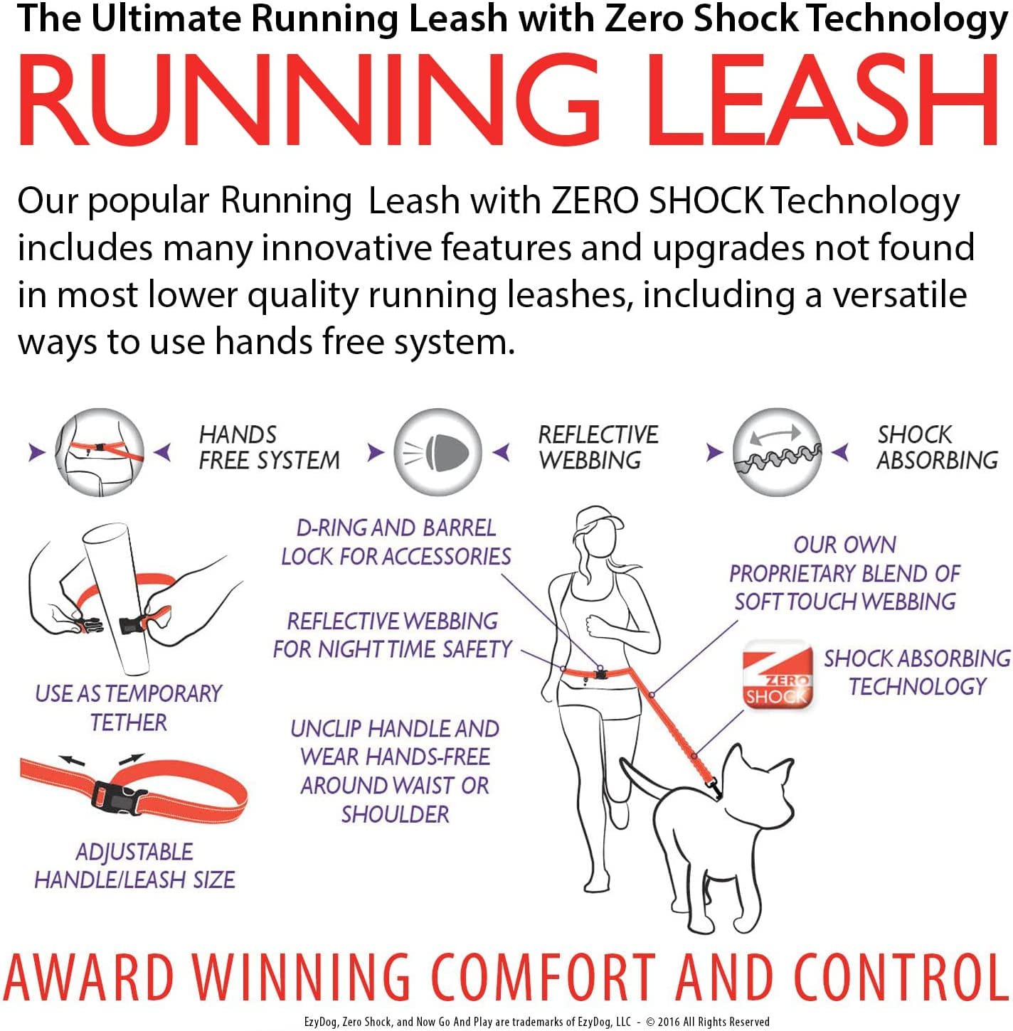Ezydog Road Running Best Hands-Free Walking, Jogging, And Running Zero Shock Bungee Dog Leash - Reflective Stitching And Adjustable Waist Belt - Provides Superior Comfort, Safety, Control (Red)