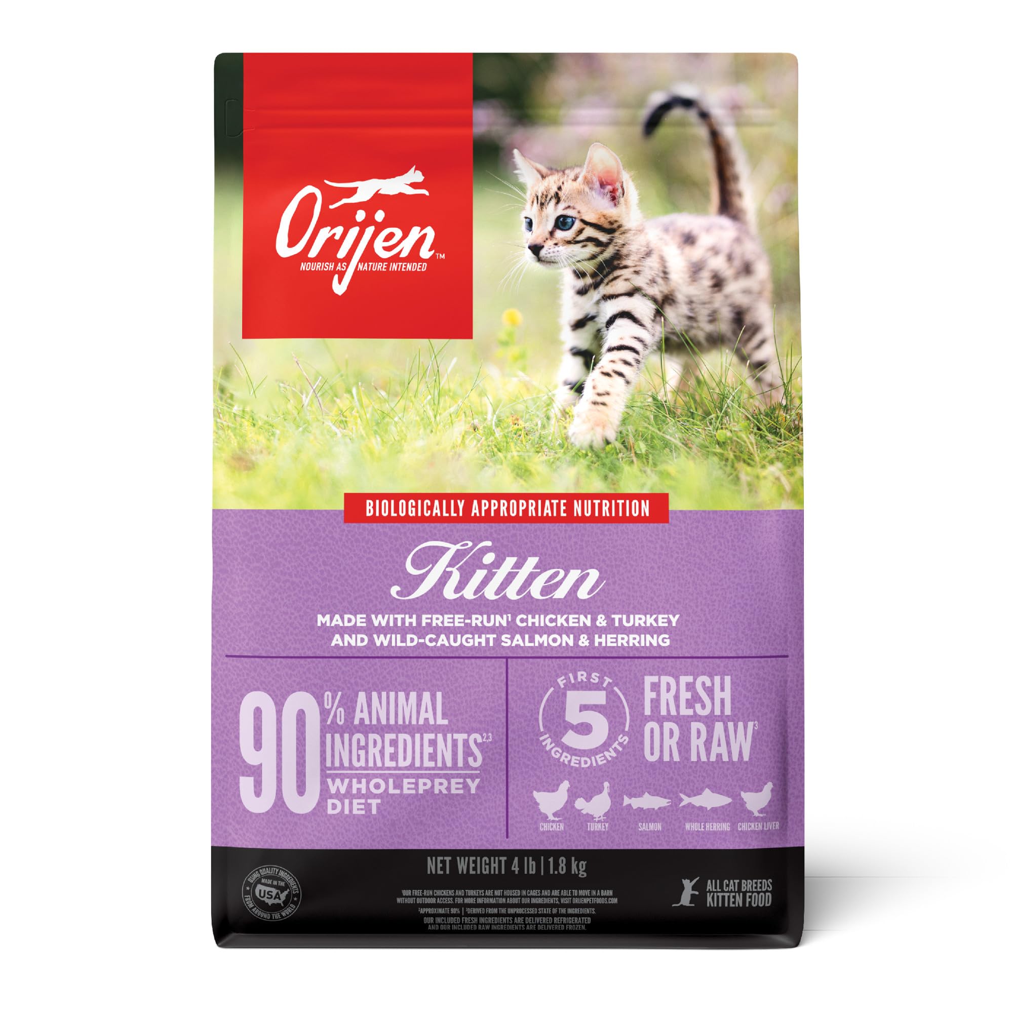 ORIJEN Dry Kitten Food, Grain Free Food for Kittens, with WholePrey Ingredients, 4lb