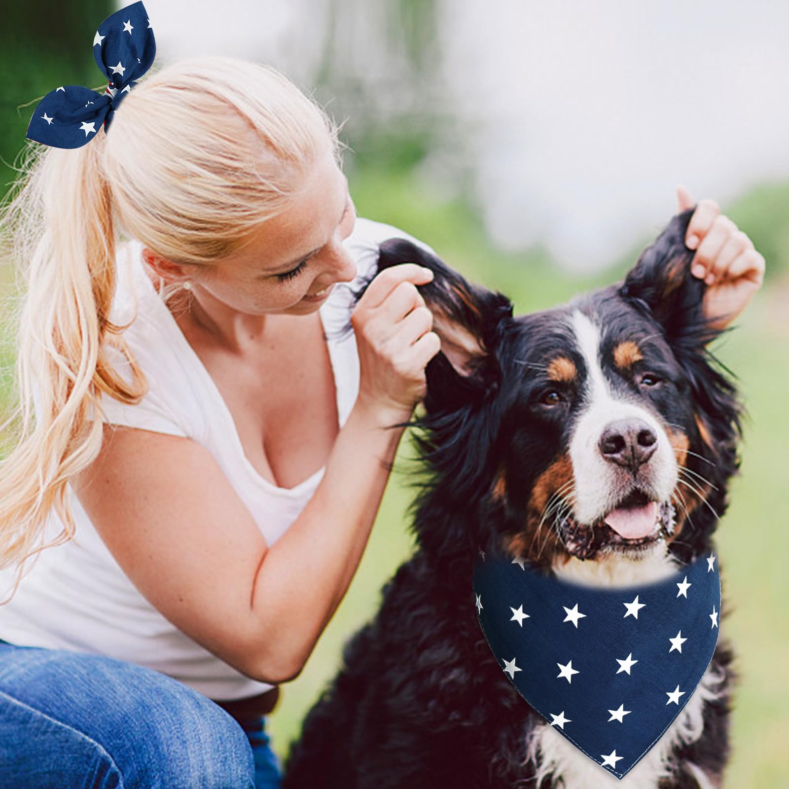 E-Clover 4Th Of July Dog Bandanas & Matching Scrunchie Set American Flag Dog Scarf Washable Patriotic Pet Bandana Triangle Kerch