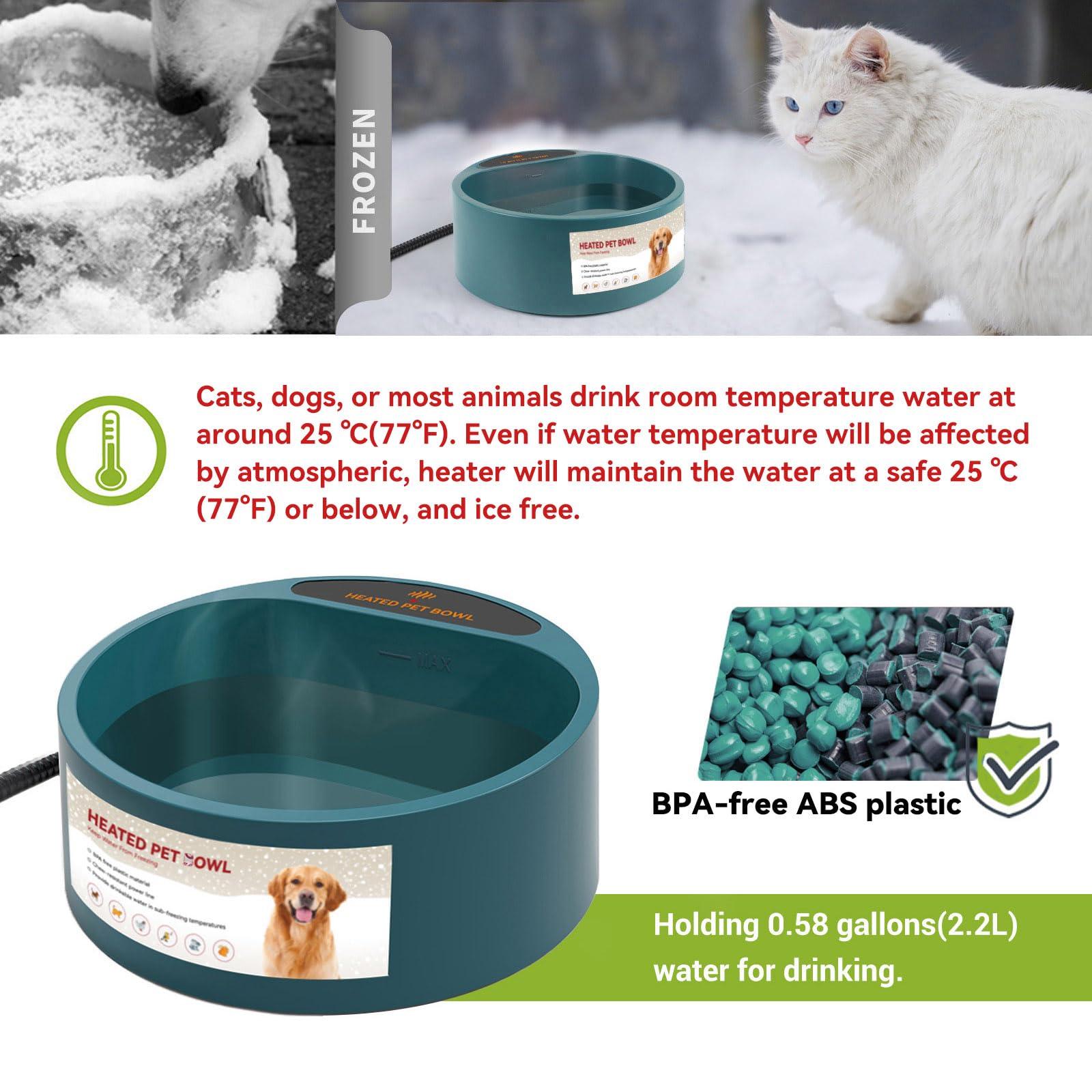 Heated Water Bowl For Outdoor Cats Dogs 2.2L Heated Waterer For Chickens, Rabbits, Squirrels Provides Drinkable Water In Winter Outside Heated Dog Bowl Thermal-Bowl For Bird Bath