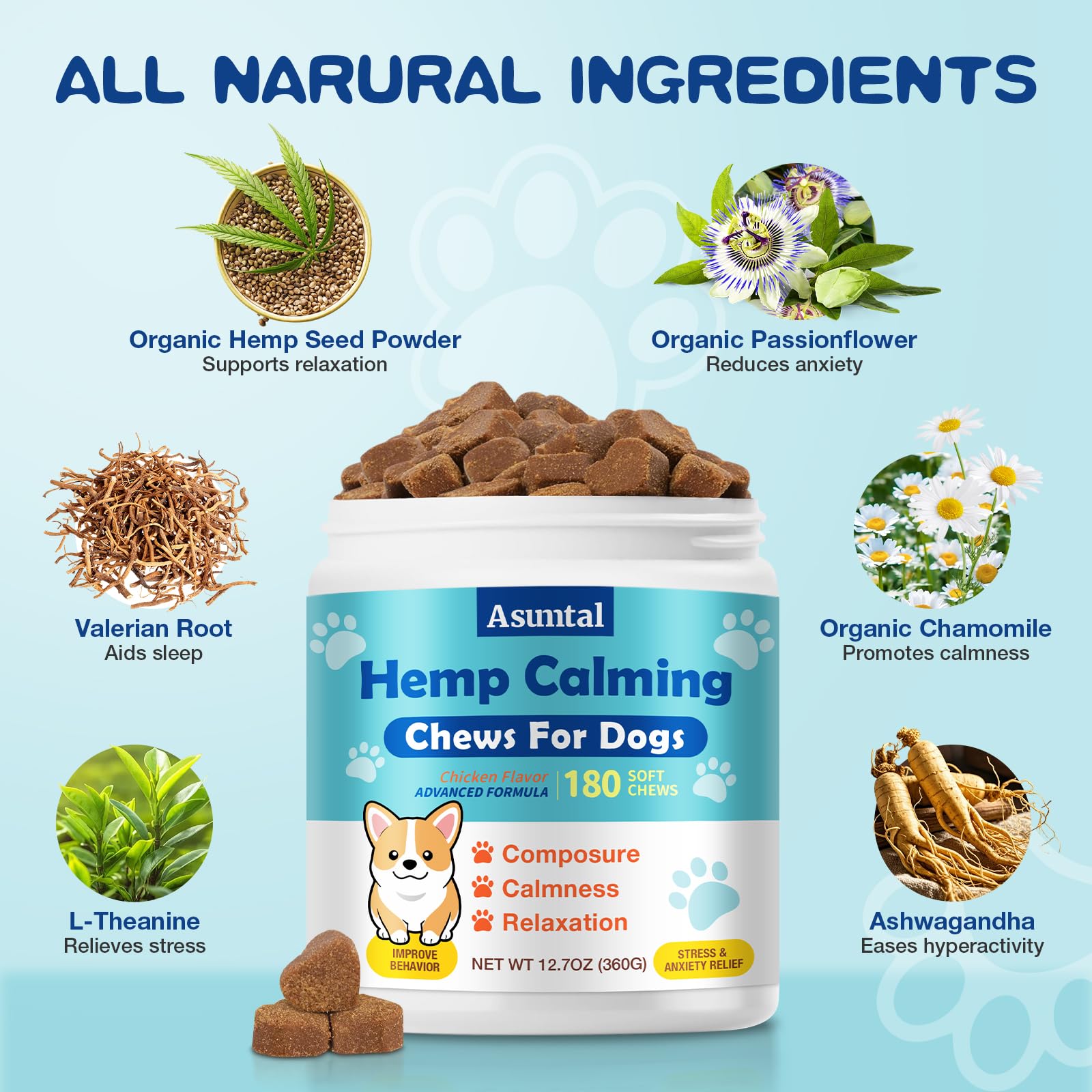 Calming Chews for Dogs - Advanced Hemp Dog Calming Chews - Anxiety Relief Treats - Dog Supplement for Barking, Vet Visits, Stres