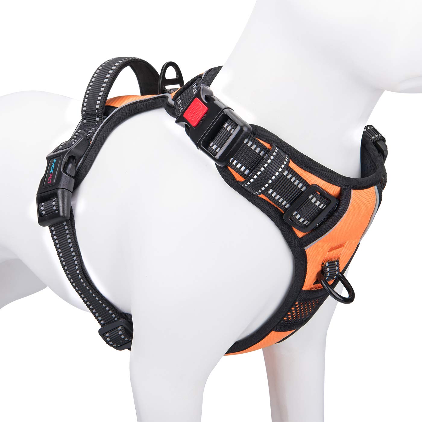 Phoepet Reflective Dog Harness Large Breed Adjustable No Pull Vest With With Handle 2 Metal Rings 3 Buckles [Easy To Put On & Take Off](L, Orange)